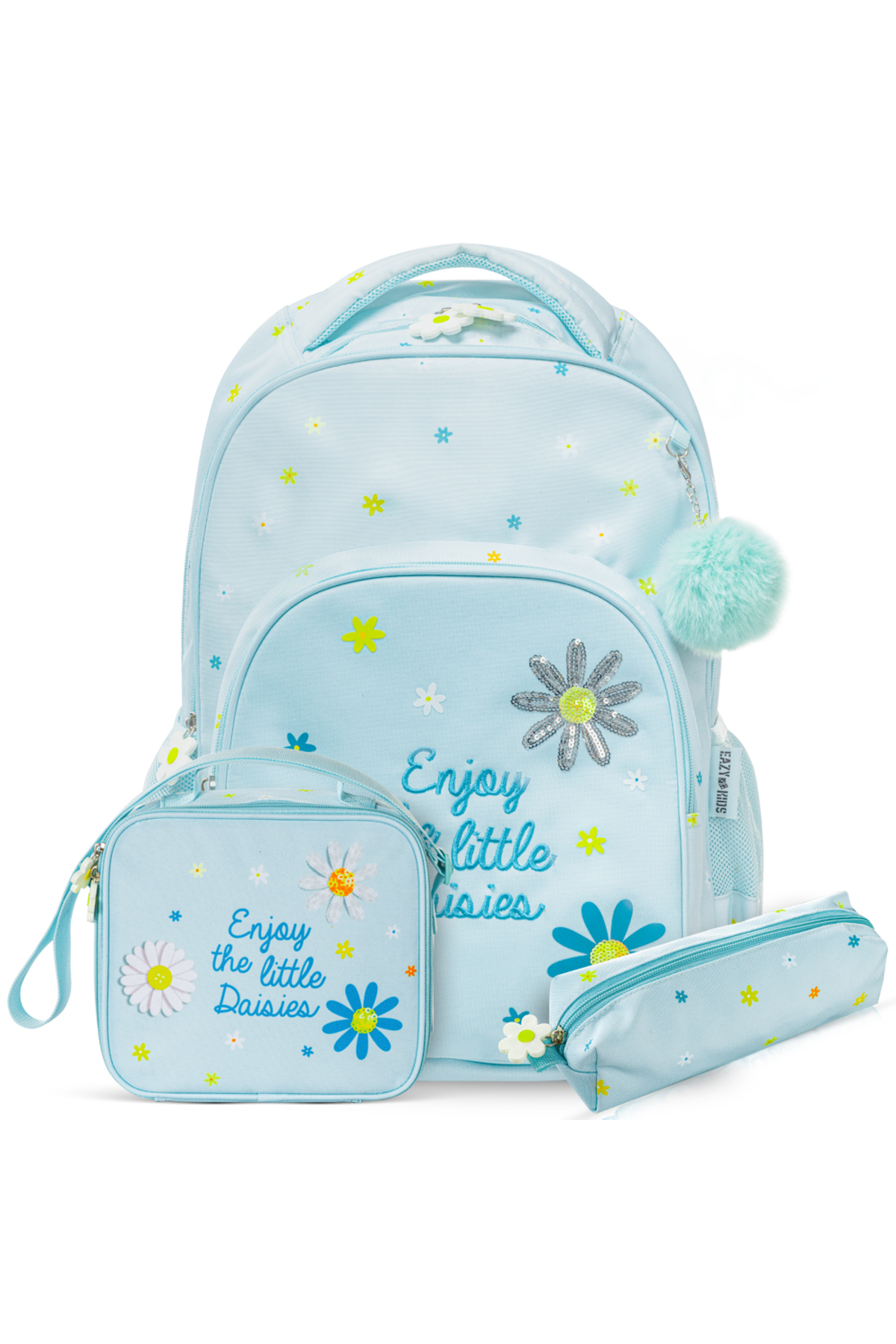 Eazy Kids 17" School Bag Set of 3 w/ Lunch Bag and Pencil Pouch - Little Daisy Green