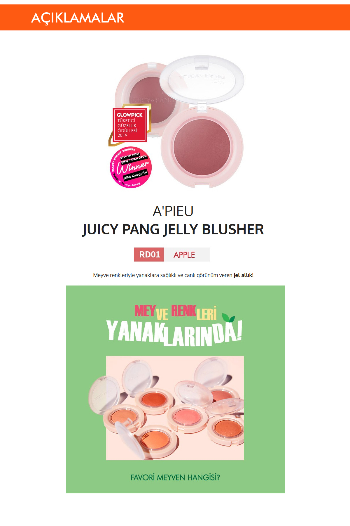 Meyve Renkleriyle Doğal ve Parlak Görünüm Sunan Jel Allık A'PIEU Juicy-Pang Jelly Blusher (RD01) — صورتی 5631 — تصویر 2 از 6
