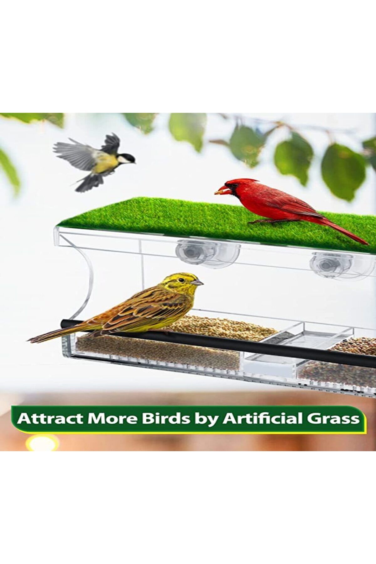 SMARTPOINTS-Large Window Bird Feeder with Artificial Grass, Wild Acrylic Bird Feeder with 3 Strongest Screw Suct 3