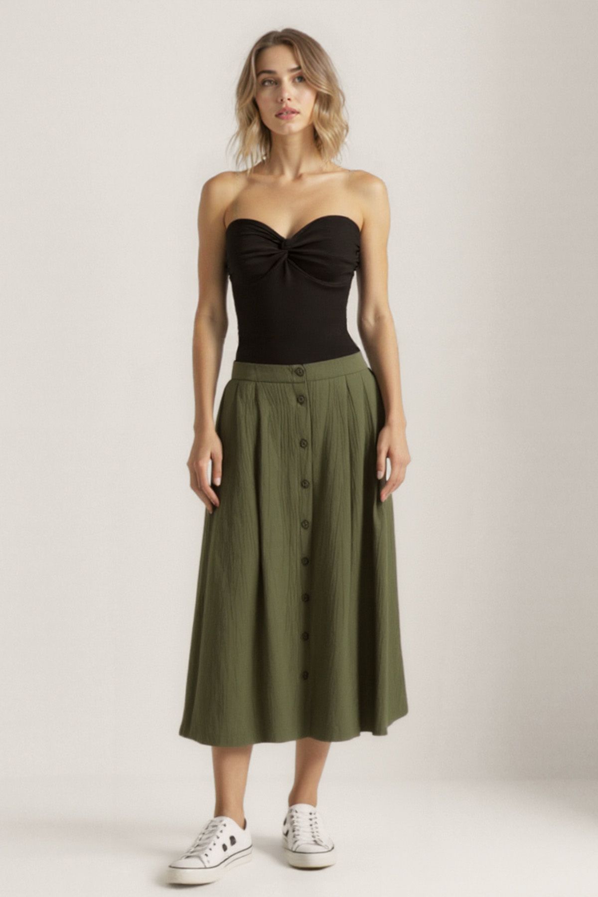 Vitrin-Button Front Midi Skirt 2