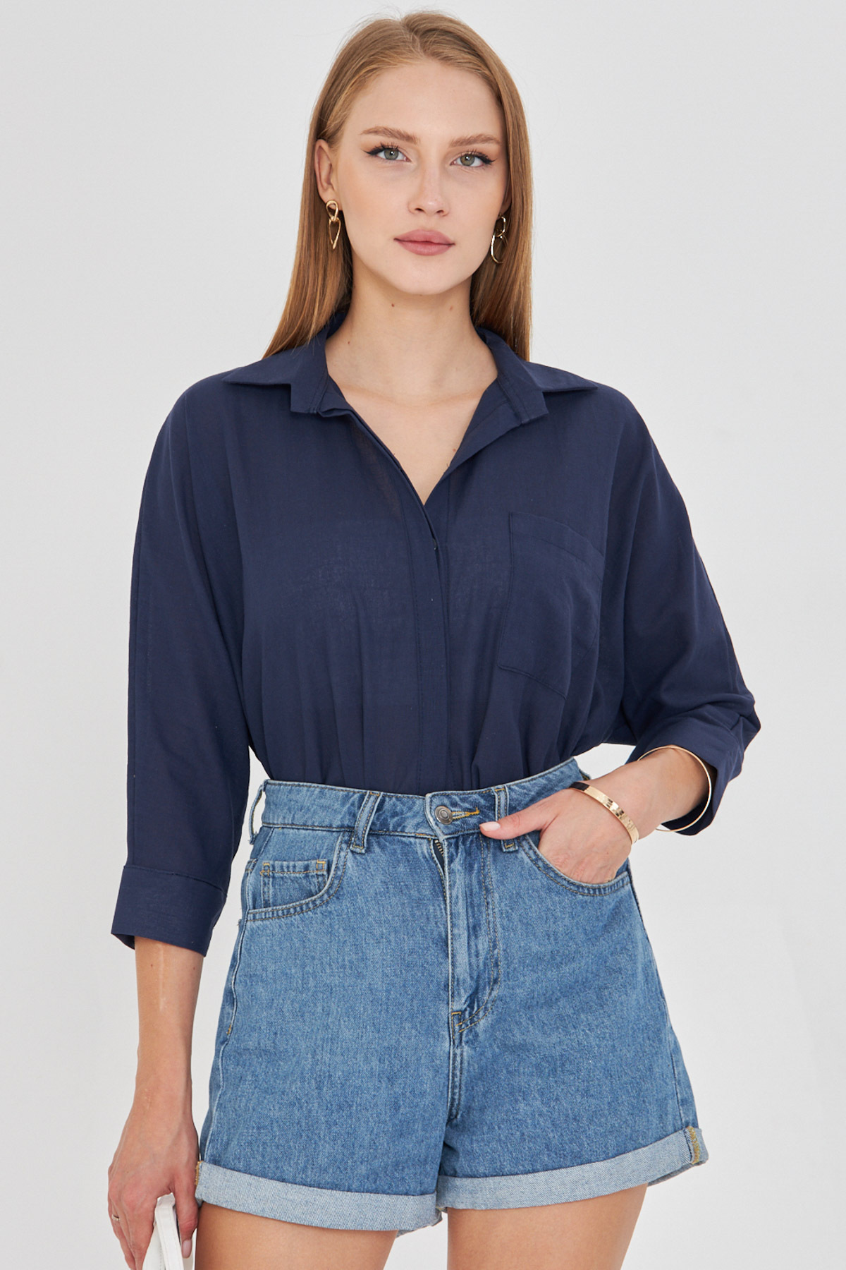 Women's Navy Blue Shabby Linen Shirt with Pockets ARM-21Y001035