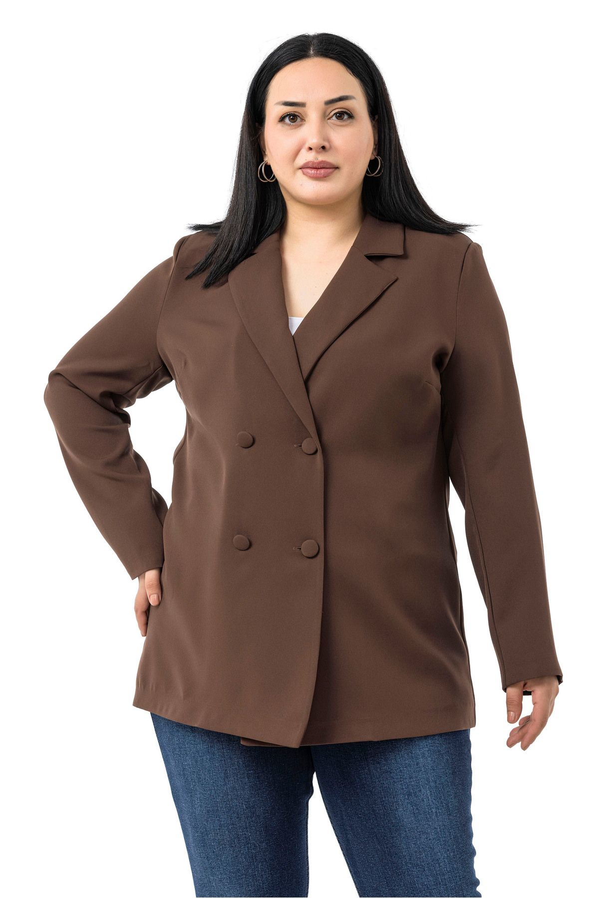 DISENTIS MODEST-Plus Size Covered Button Double Breasted Brown Unlined Jacket 2