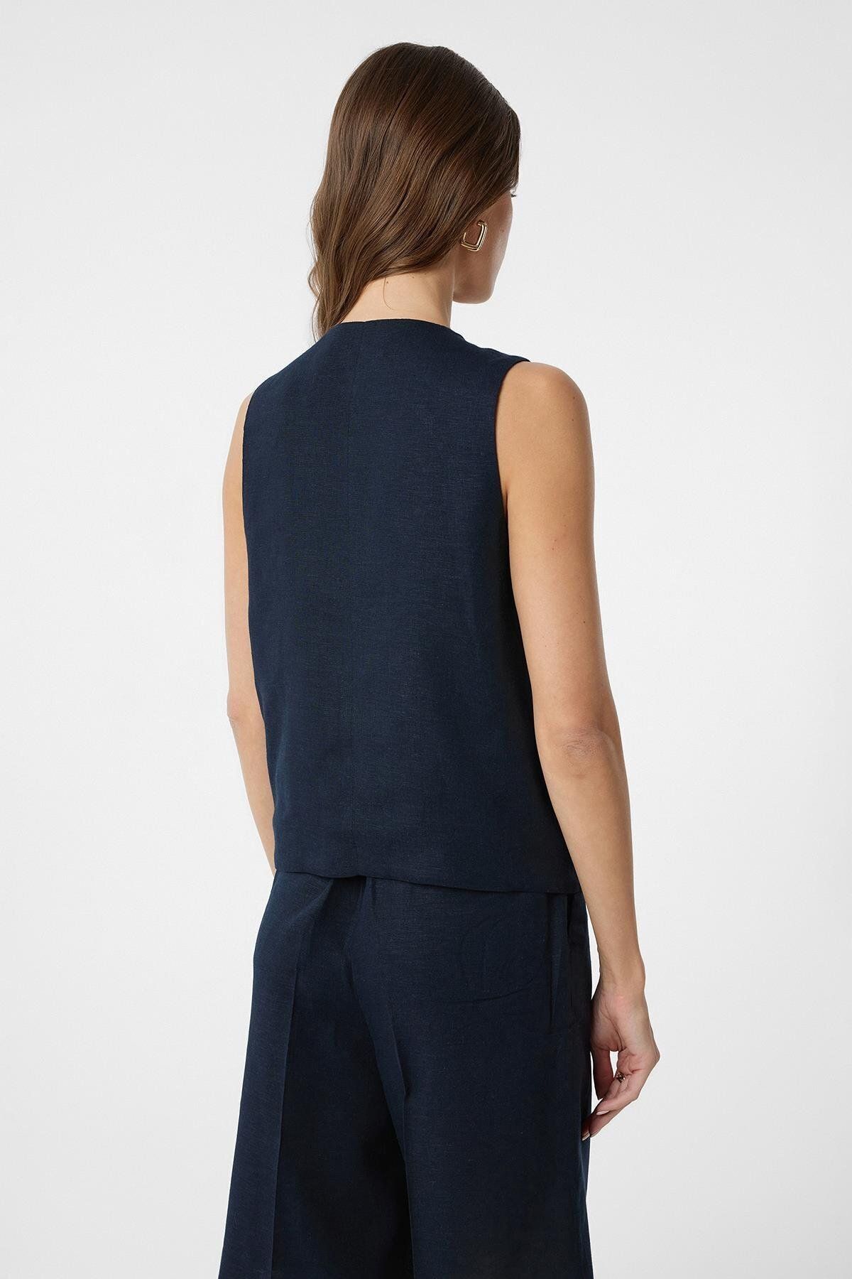 Antioch-Navy Blue Linen Blended Women's Tailor Vest 5