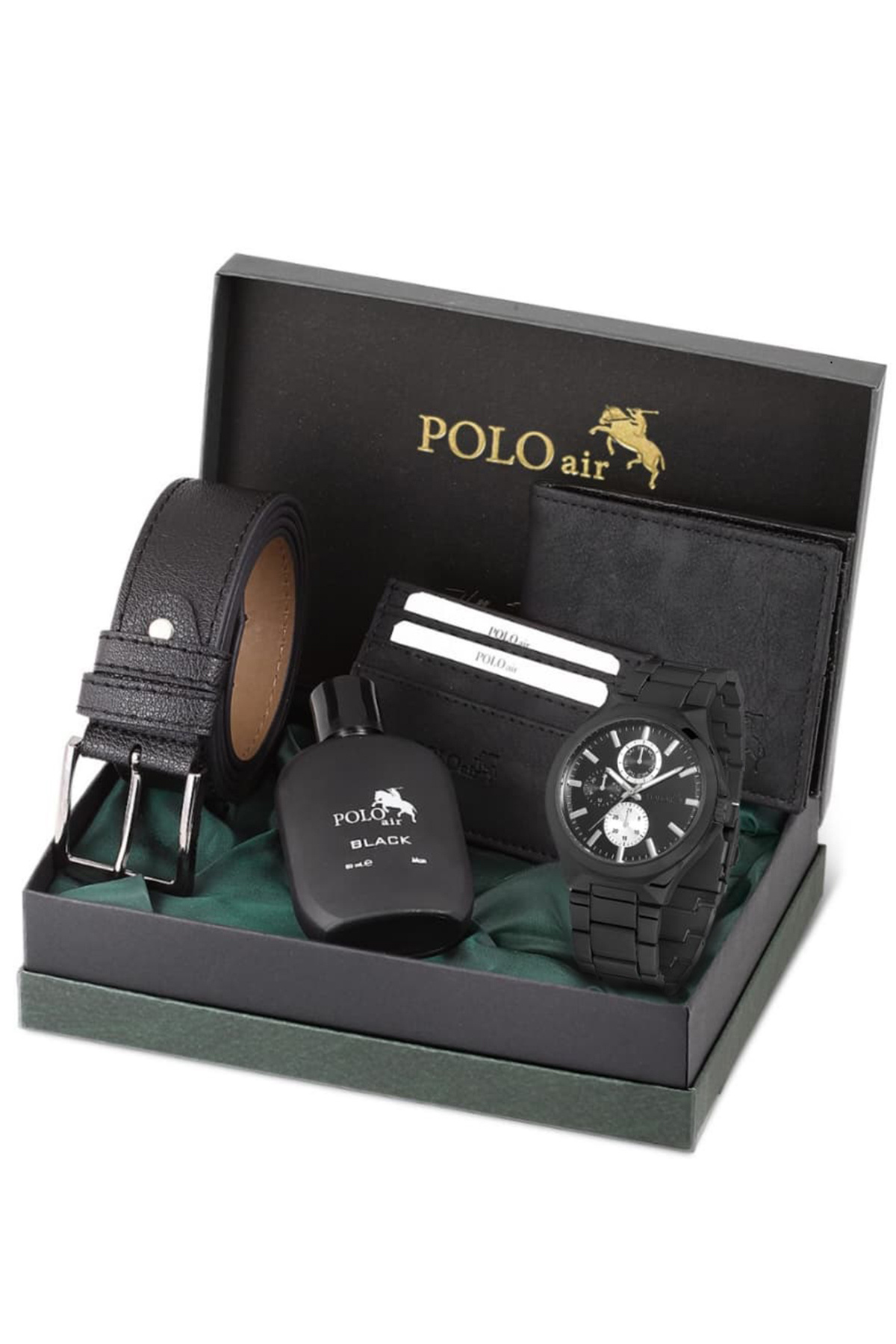 Polo Air Erkek Metal Kasa Kol Saati Cüzdan Kemer Kartlık Parfüm Kombin Siyah Set Kpl-0838e1