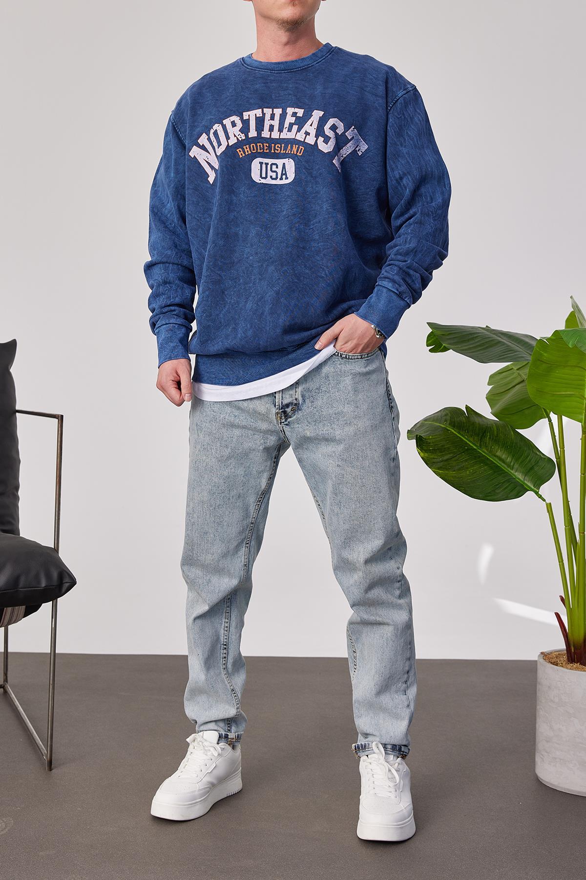 NOMARC Erkek Mavi Northeast Yıkamalı Sweatshirt