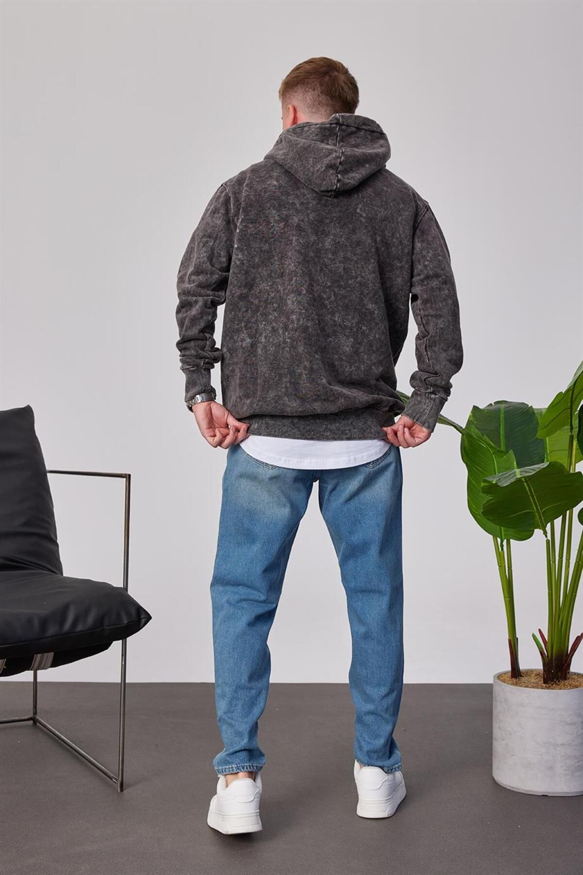 NOMARC-Πλυμένο Basic Smoked Sweatshirt με κουκούλα 3