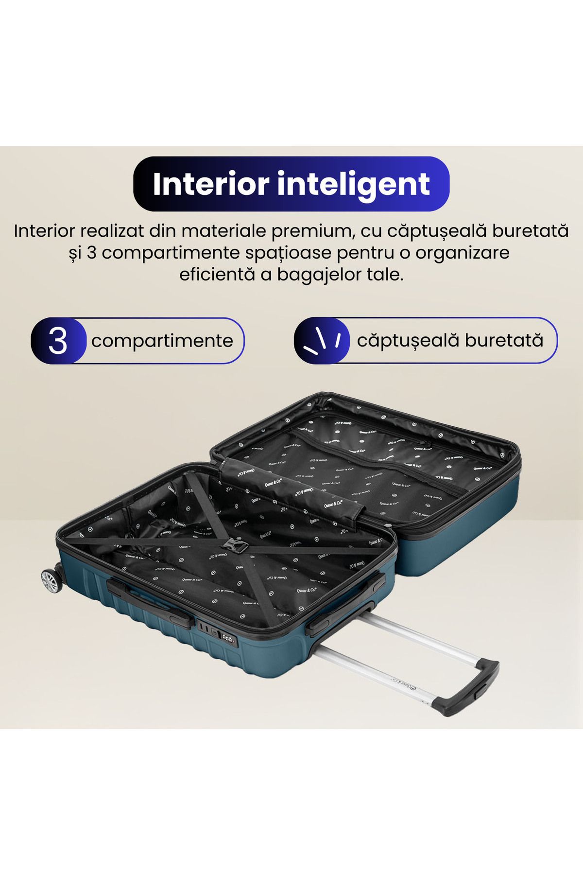 Quasar & Co.-Troler Mediu Extensibil, troller Line, 66x41x26-31cm, bagaj de cala, geamantan abs, Albastru petrol 8