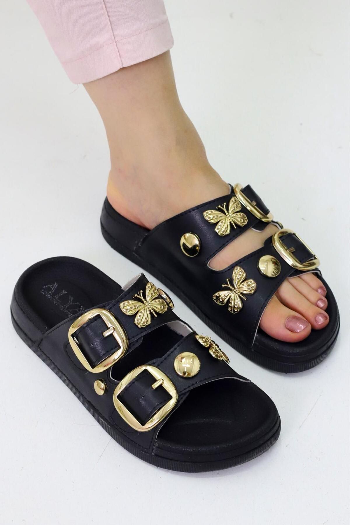 Weynes-Black Women's Stoned Butterfly 2-Stripes Daily Slippers Wsb2024 3