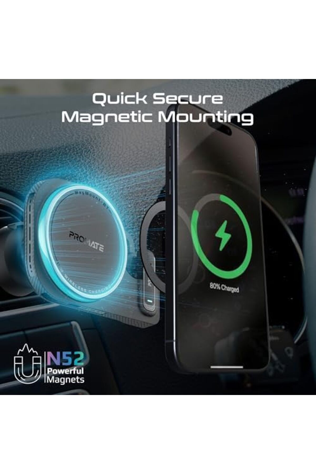 Promate-2-in-1 Car Holder and Charger with MagSafe Compatibility, 15W Power, Built-in Mono Bluetooth Earphon 8