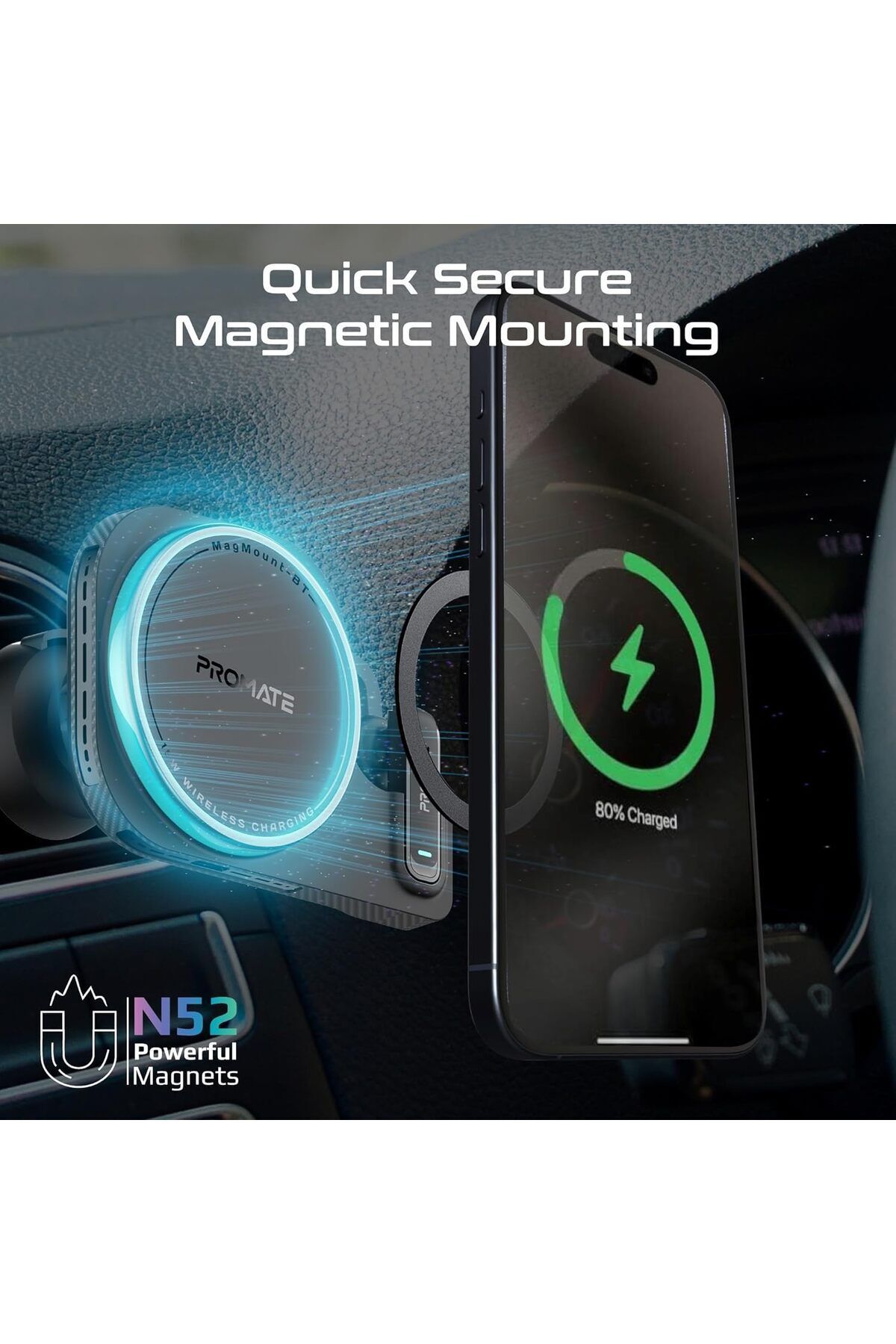 Promate-2-in-1 Car Holder and Charger with MagSafe Compatibility, 15W Power, Built-in Mono Bluetooth Earphon 7