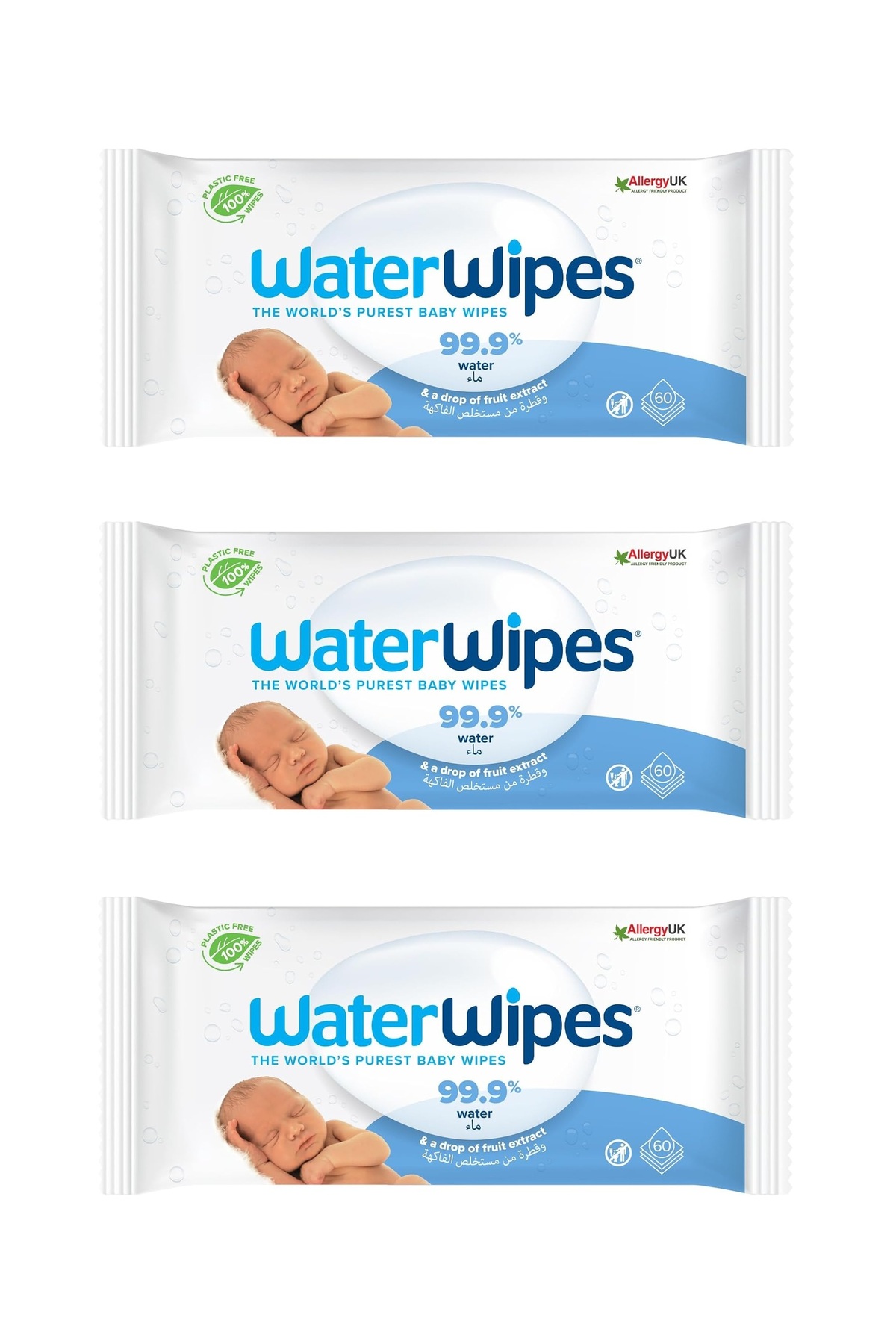 WaterWipes مناديل أطفال أصلية خالية من البلاستيك، 180 منديل (عبوة من 3 قطع)