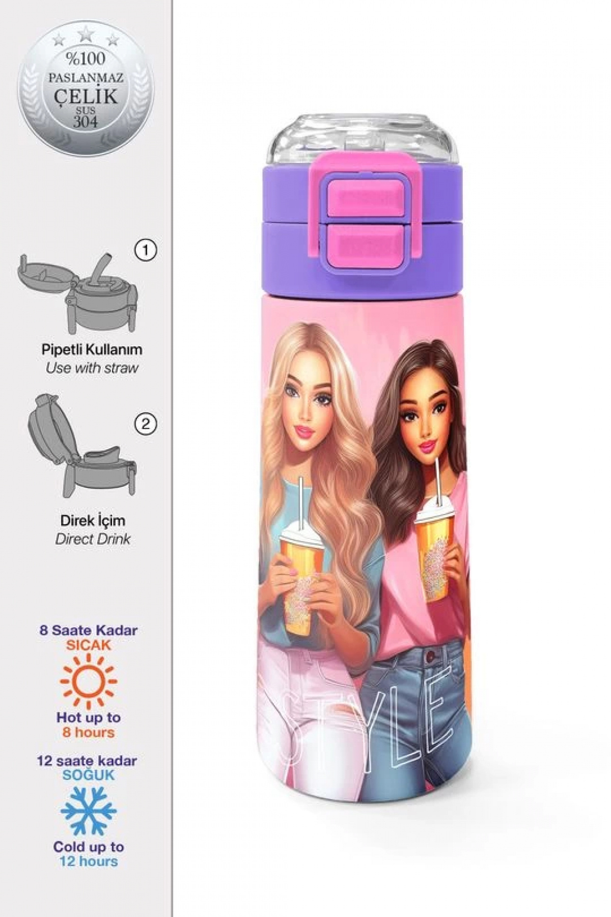 Kids Pembe Mercan Fashion Girl Desenli Pipetli ve Direkt İçim Çelik Termos 500 ml 31869