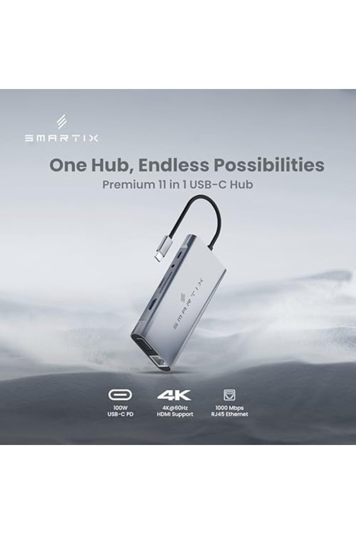 SMARTIX-محول موزع USB-C 11 في 1 - شحن PD بقوة 100 وات، HDMI بدقة 4K، VGA، إيثرنت، USB 3.0/2.0، SD/TF، 6