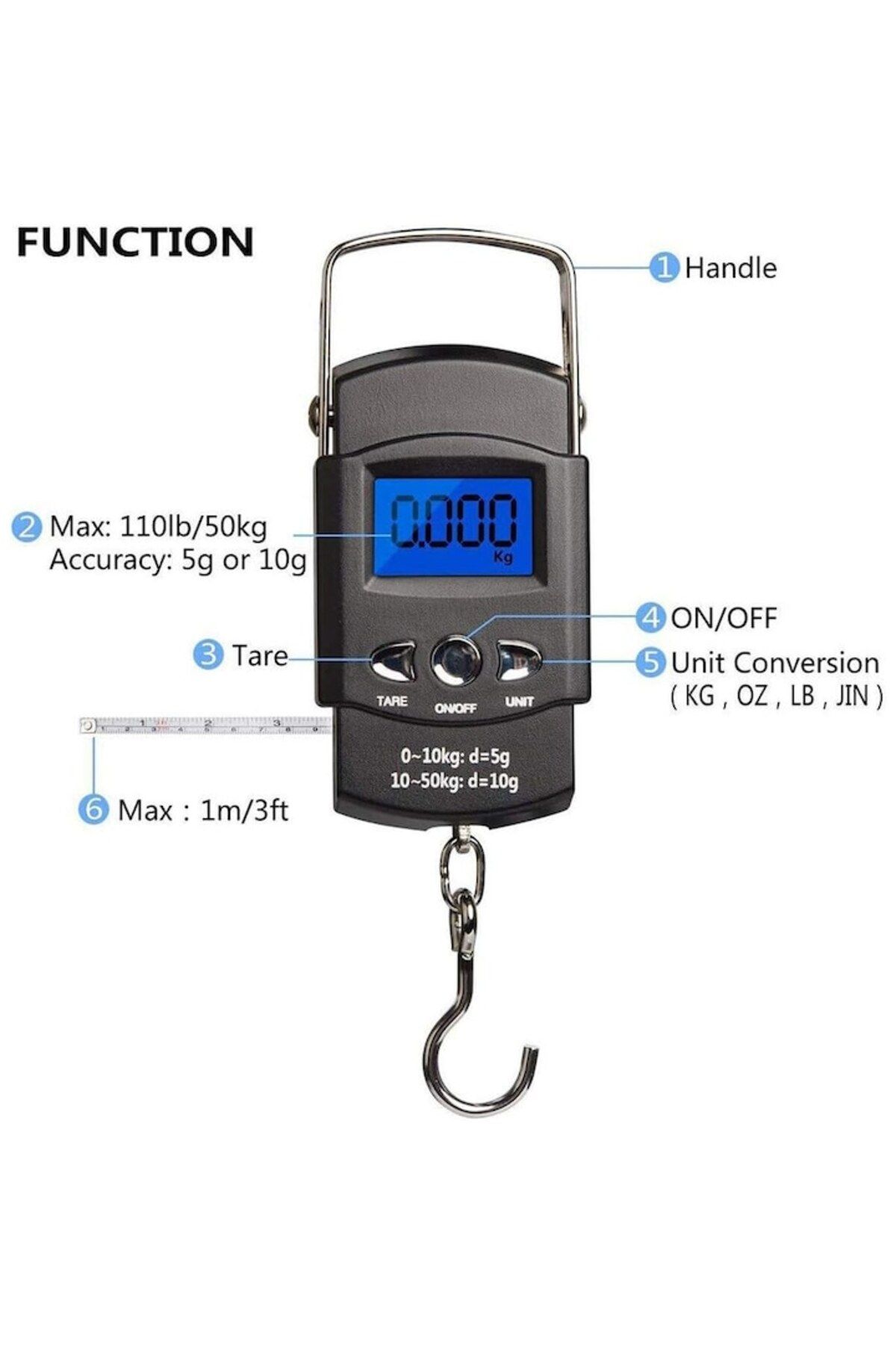 dalimag-Digital Portable Scale BGHYHYHI, 50kg capacity, backlit LCD display, 360° rotating hook 3