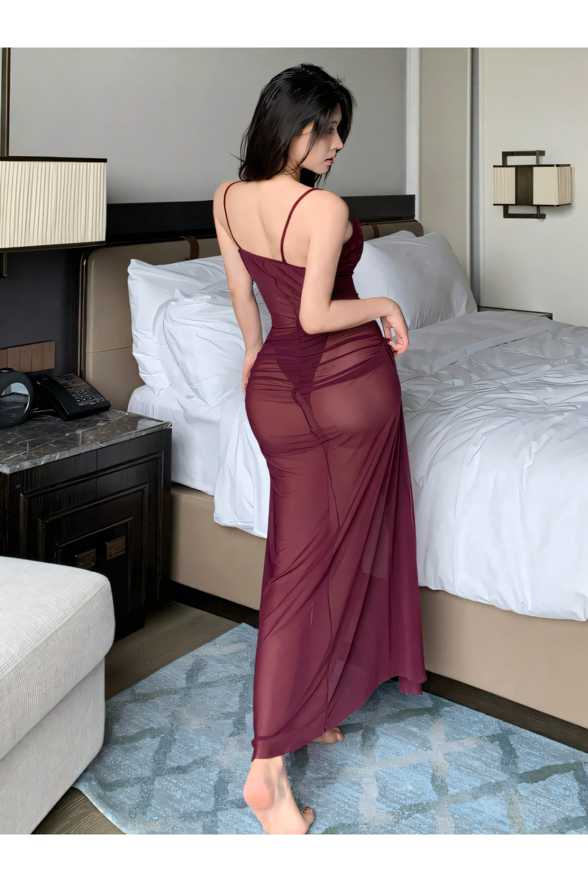 Best Dream  Bordo Derin Göğüs Dekolteli Yırtmaç Detaylı Tangalı Gecelik - Görsel 3