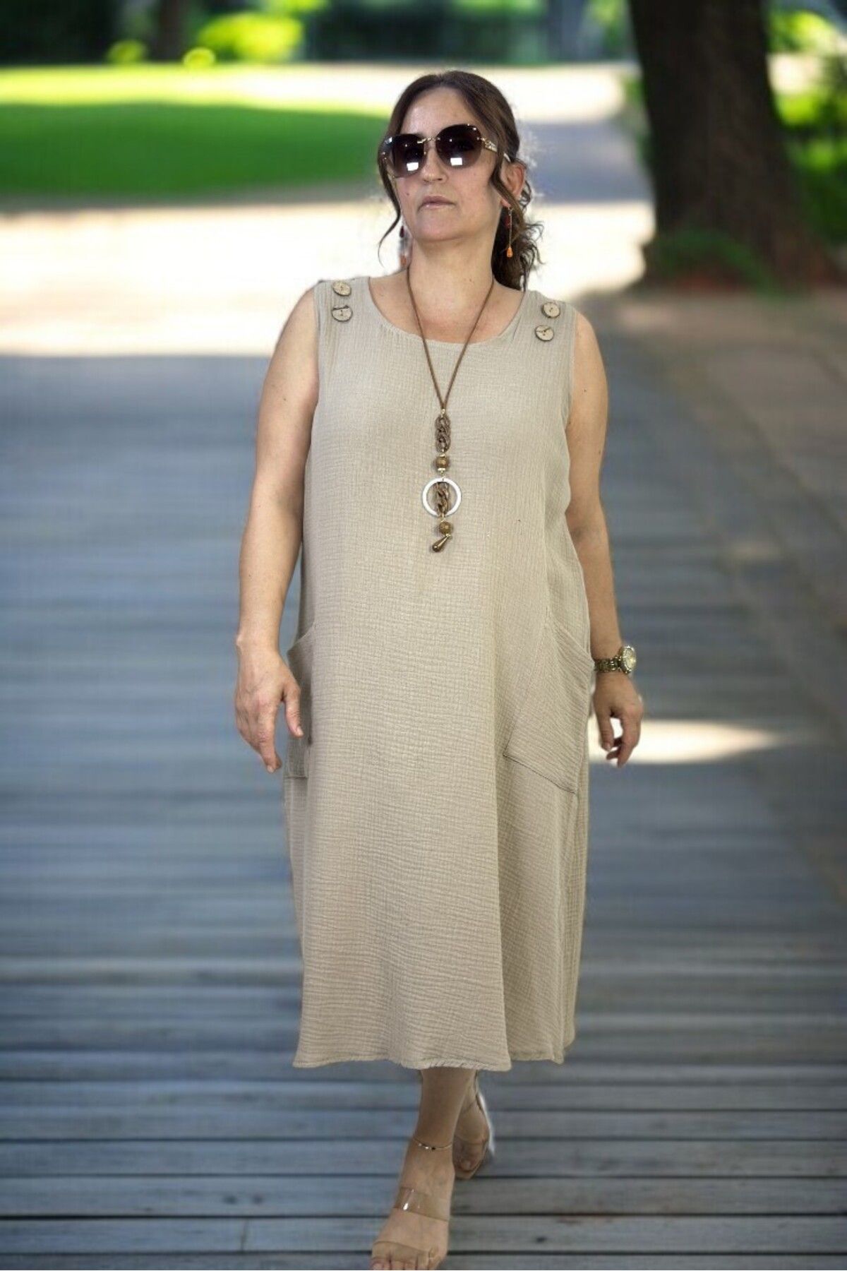 yagmurberen-Button Detail Jopone Sleeve (Sleeveless) Pocketed Muslin Fabric Large Size Summer Dress 7
