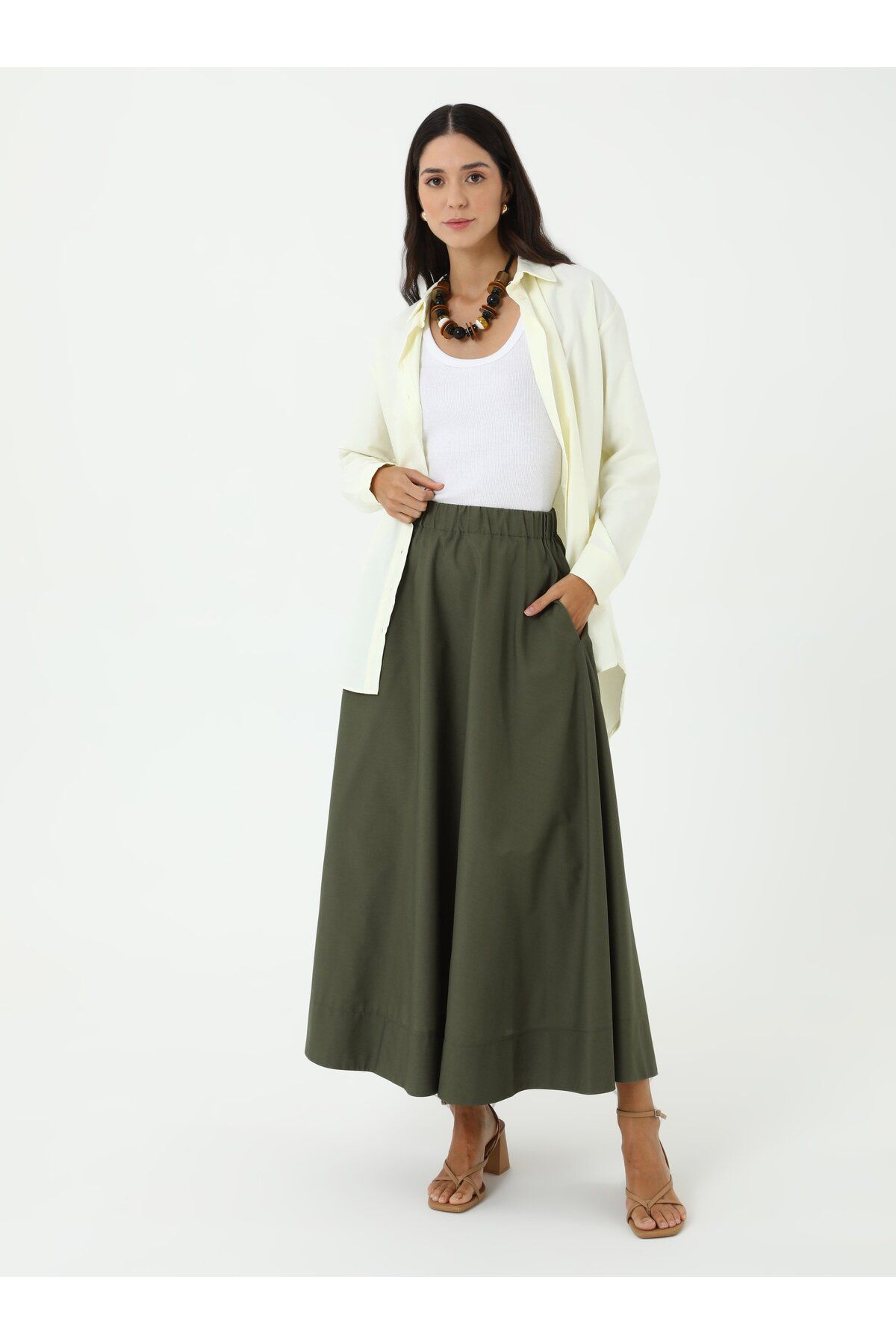 Benin-Elastic Waist Cotton Basic Poplin Skirt - Khaki - Benin 2