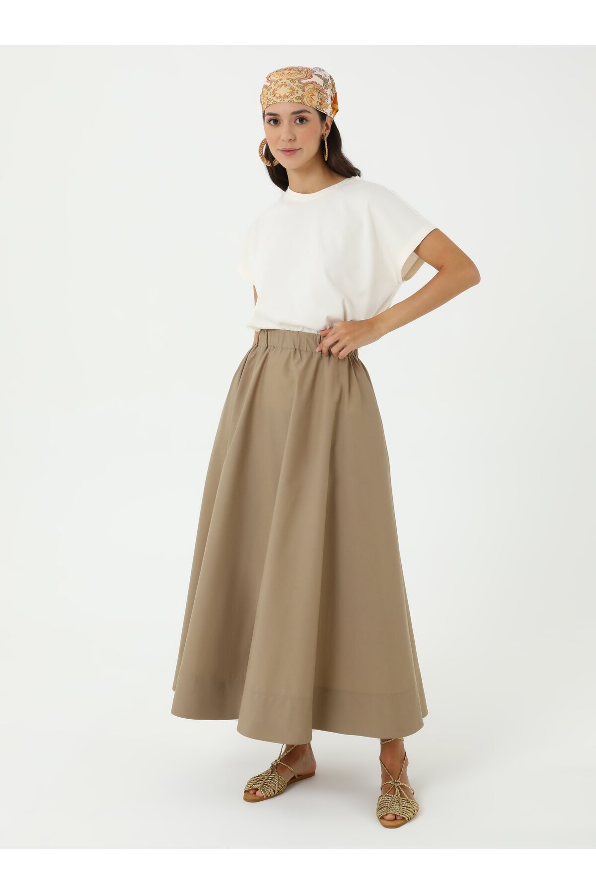Benin  Beli Lastikli Pamuklu Basic Poplin Etek - Bej - Benin - Görsel 3