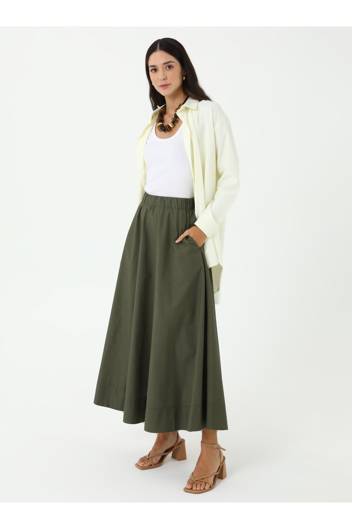 Benin-Elastic Waist Cotton Basic Poplin Skirt - Khaki - Benin 1