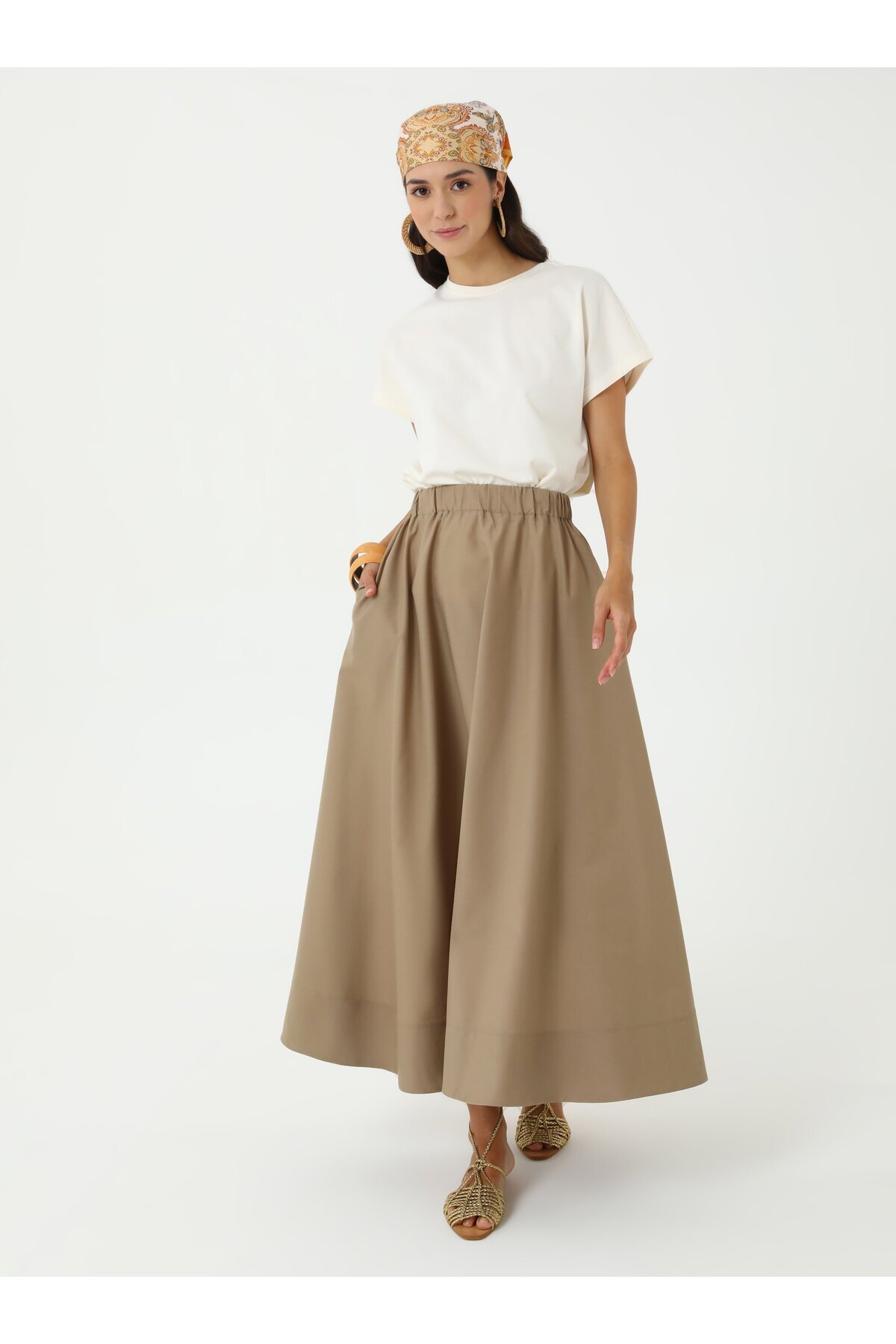 Benin  Beli Lastikli Pamuklu Basic Poplin Etek - Bej - Benin - Görsel 2