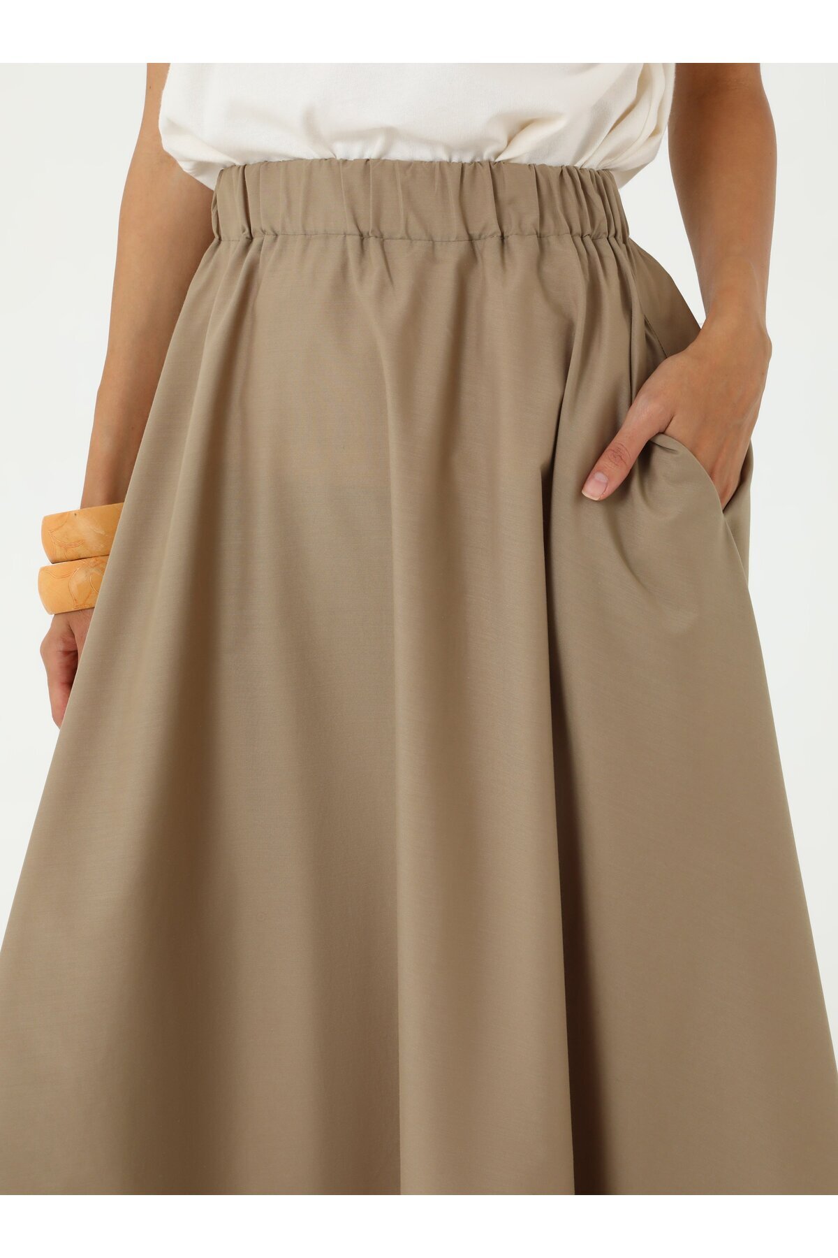 Benin  Beli Lastikli Pamuklu Basic Poplin Etek - Bej - Benin - Görsel 5