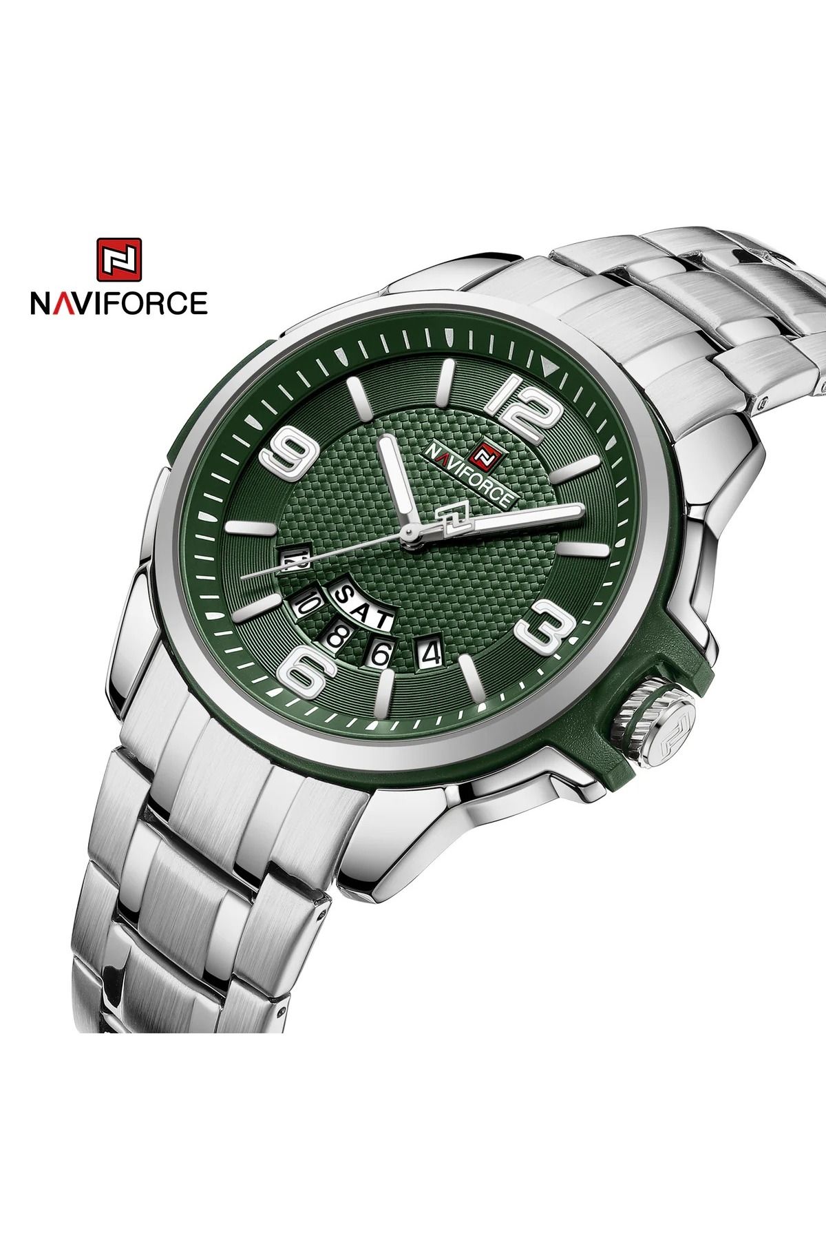 Naviforce-Mens Green Dial Stainless Steel Strap Watch Analog Quartz Waterproof with Day and Date Display 2