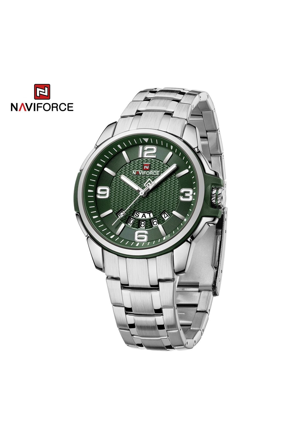 Naviforce-Mens Green Dial Stainless Steel Strap Watch Analog Quartz Waterproof with Day and Date Display 5