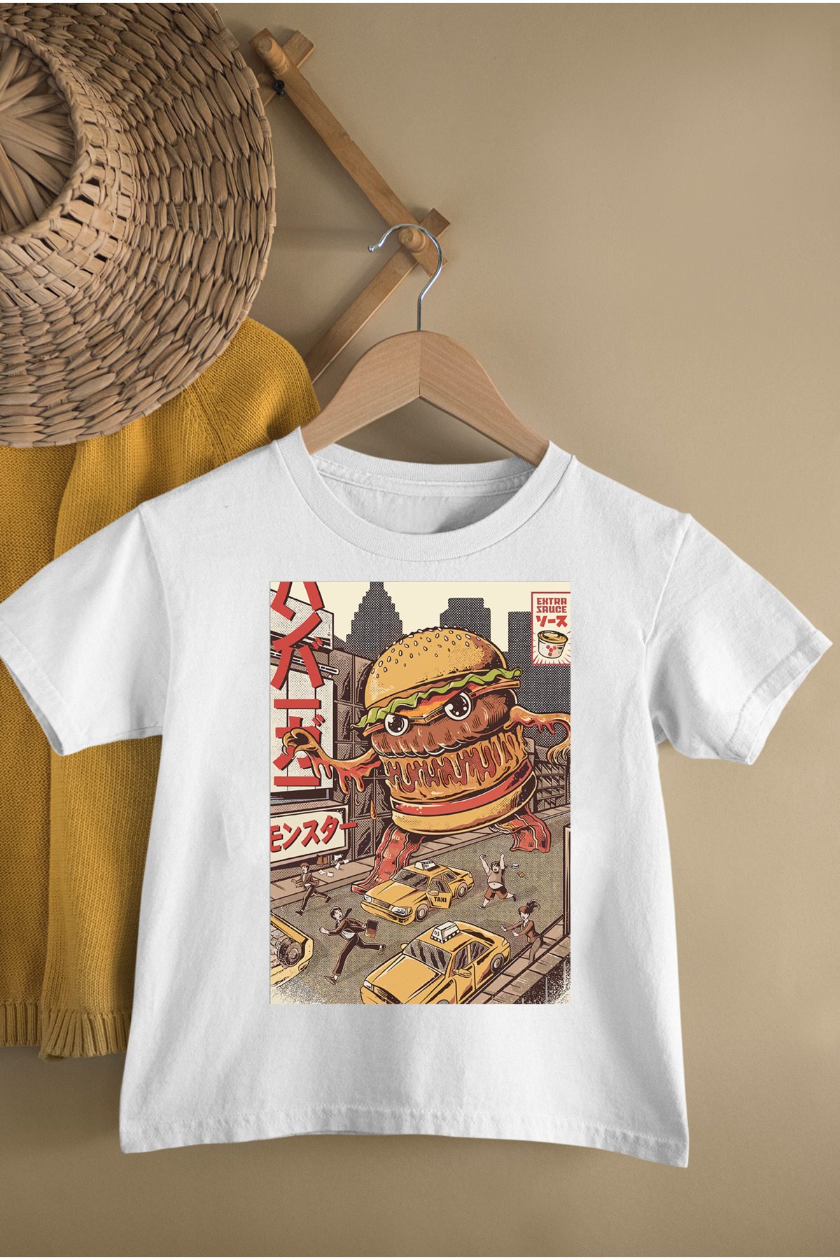 ANIME JEONKARGI BURGERZILLA PRINTED CREW NECK STANDARD FIT SHORT SLEEVE YOUNG AND CHILD TSHIRT