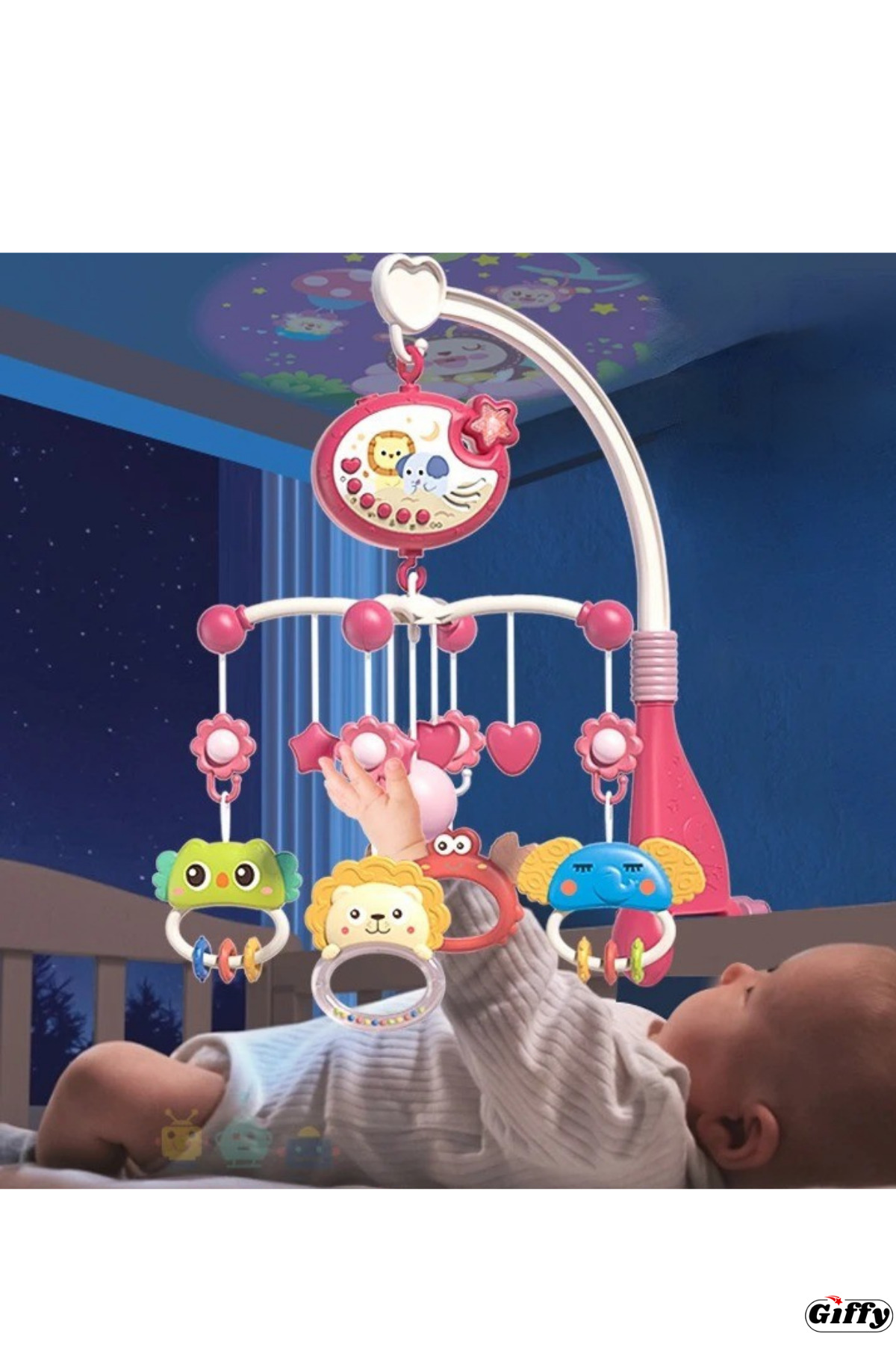 giffy Pilli Işıklı Müzikli Projektörlü Kumandalı Sabitlemeli Dönence Çıngıraklı Dişlikli Bebek Yatıştırıcı fotoğrafı 3 (önizleme)