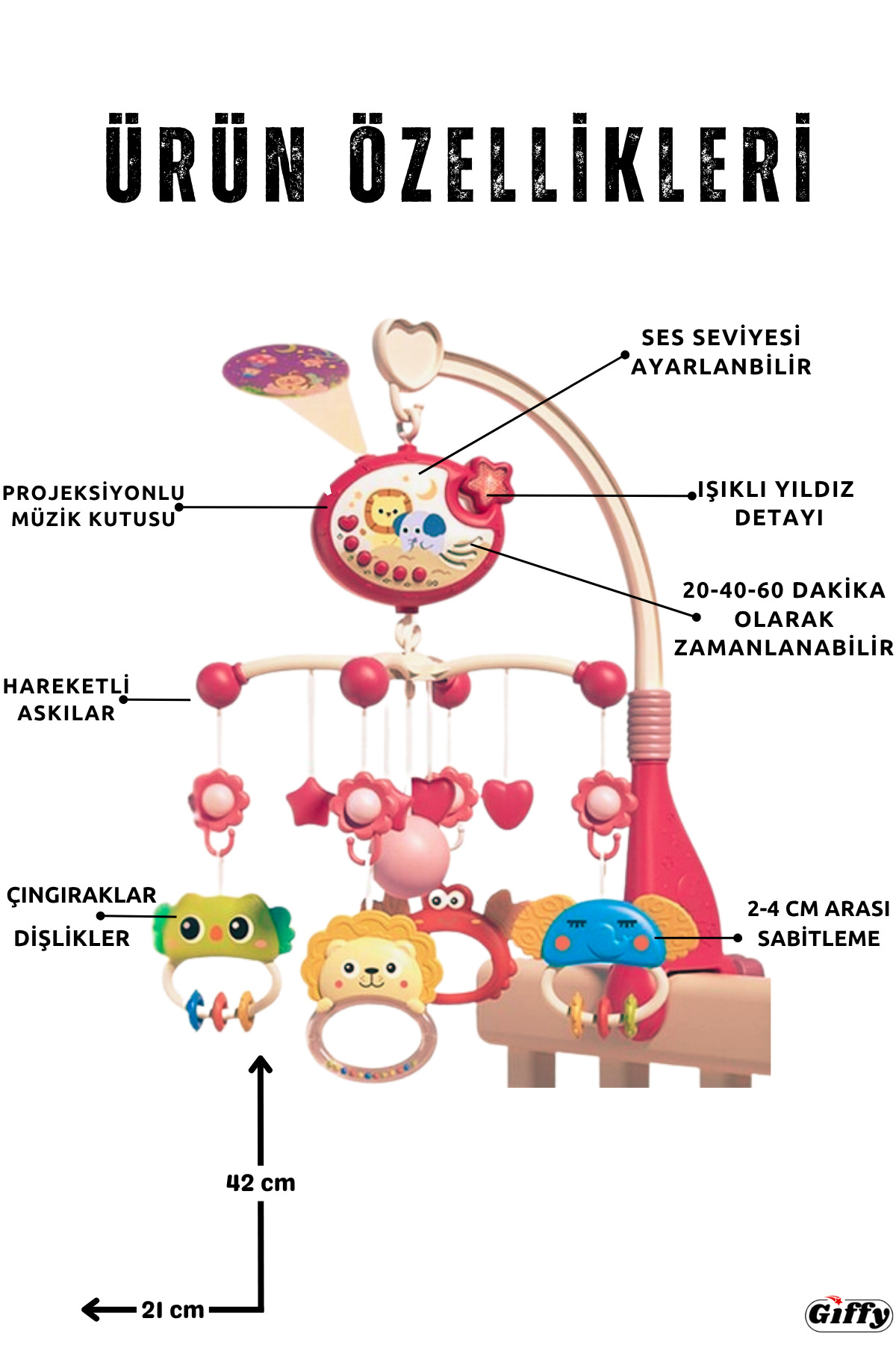 giffy Pilli Işıklı Müzikli Projektörlü Kumandalı Sabitlemeli Dönence Çıngıraklı Dişlikli Bebek Yatıştırıcı fotoğrafı 2 (önizleme)