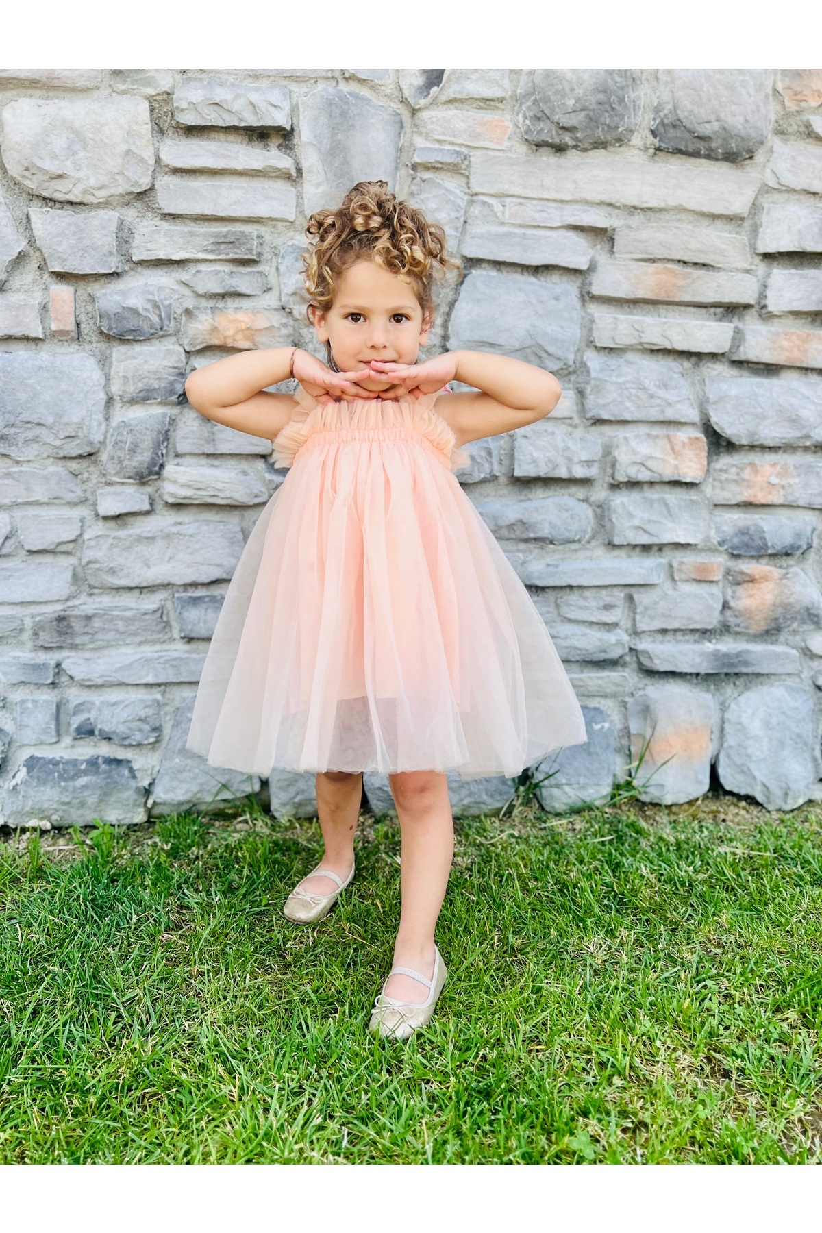 penu baby kids Somon Askılı Tül Jile Arkası Kelebek Kanatlı Kız Çocuk Kız Bebek Elbise fotoğrafı 7 (önizleme)