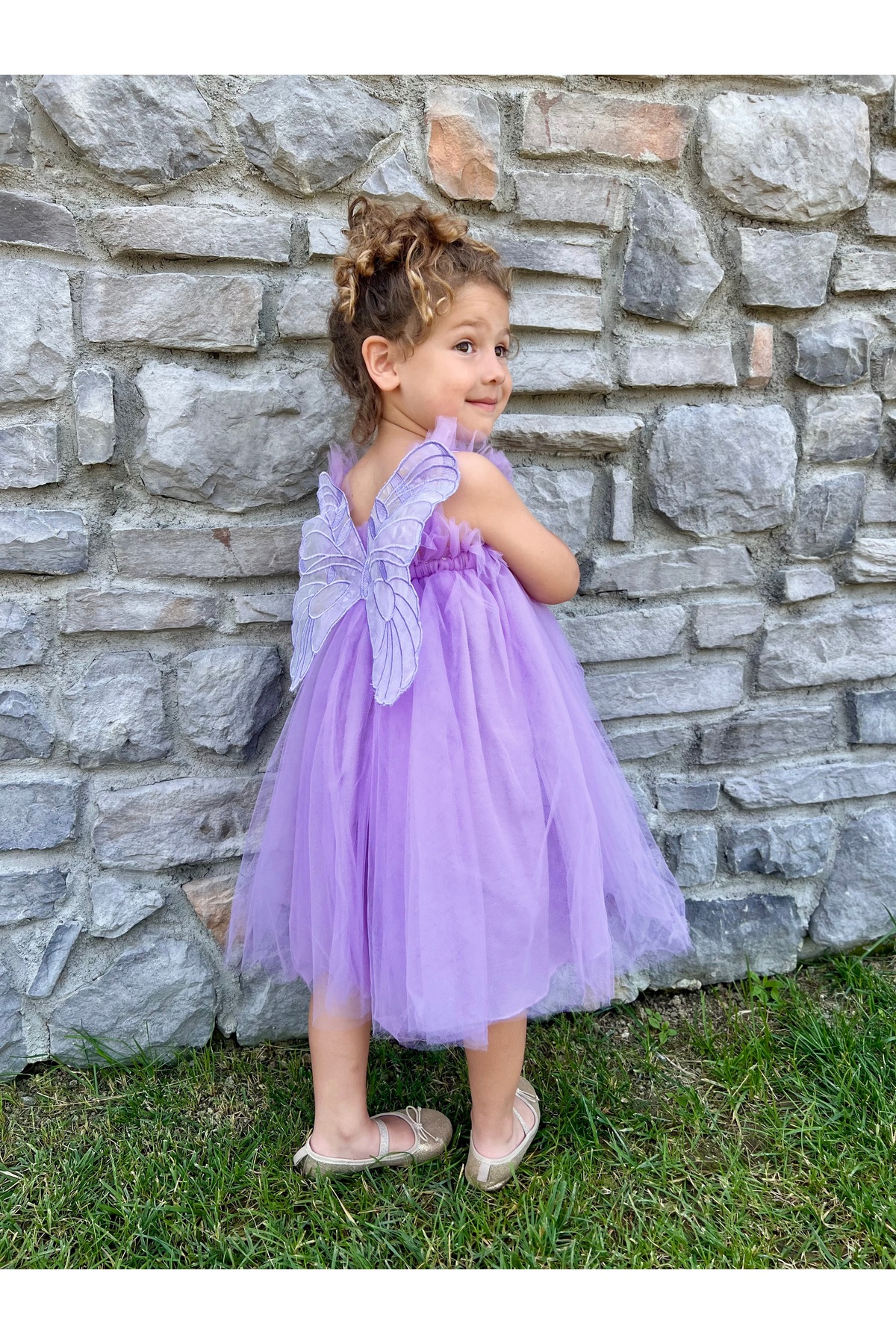 penu baby kids Lila Askılı Tül Jile Arkası Kelebek Kanatlı Kız Çocuk Kız Bebek Elbise fotoğrafı 5 (önizleme)