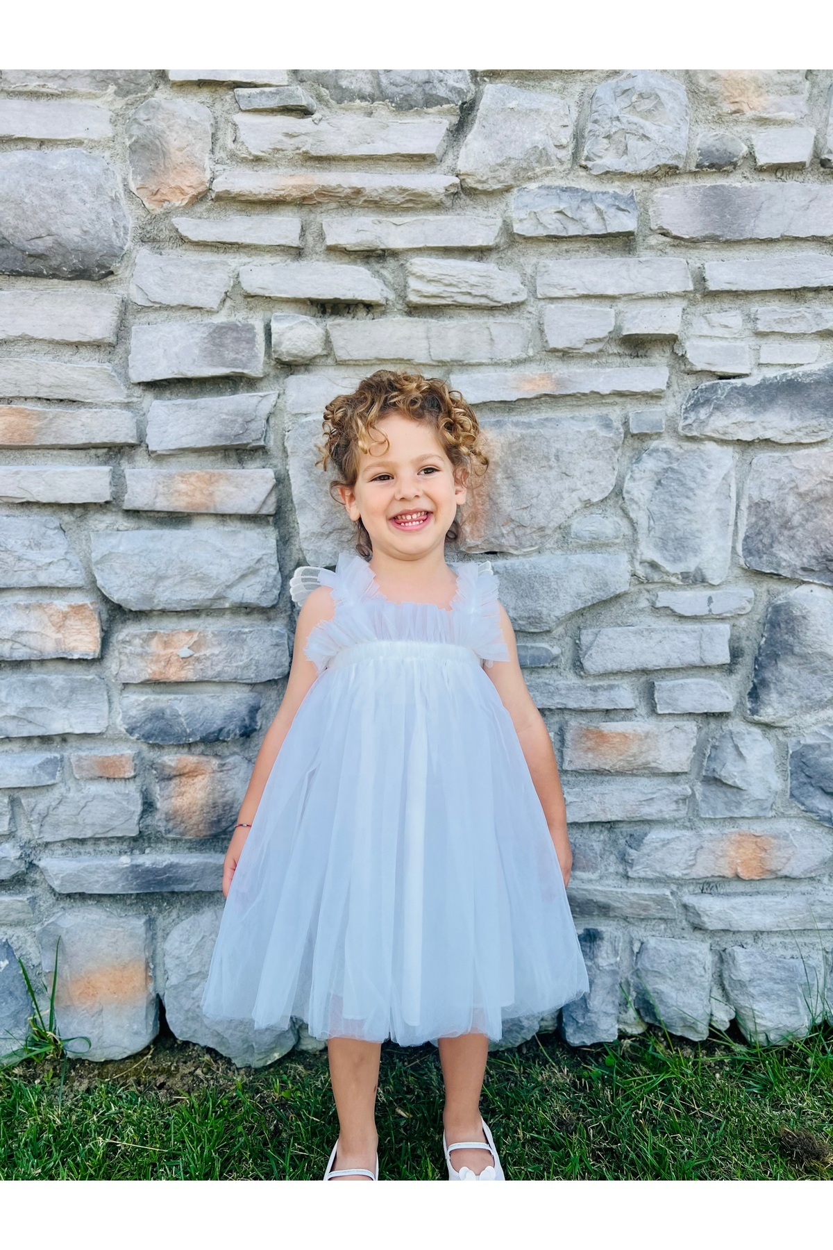 penu baby kids Beyaz Askılı Tül Jile Arkası Kelebek Kanatlı Kız Çocuk Kız Bebek Elbise fotoğrafı 2 (önizleme)