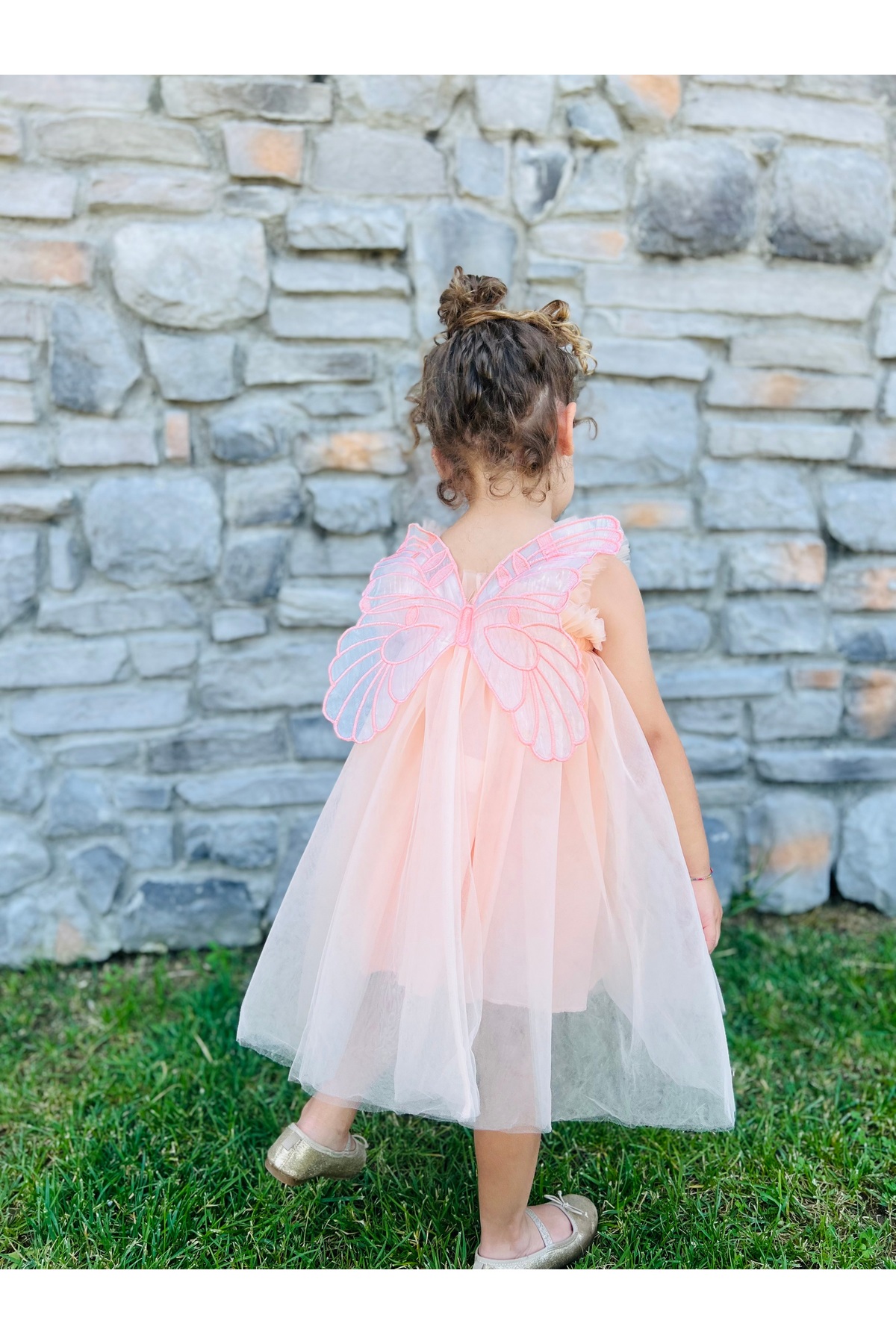 penu baby kids Somon Askılı Tül Jile Arkası Kelebek Kanatlı Kız Çocuk Kız Bebek Elbise fotoğrafı 3 (önizleme)