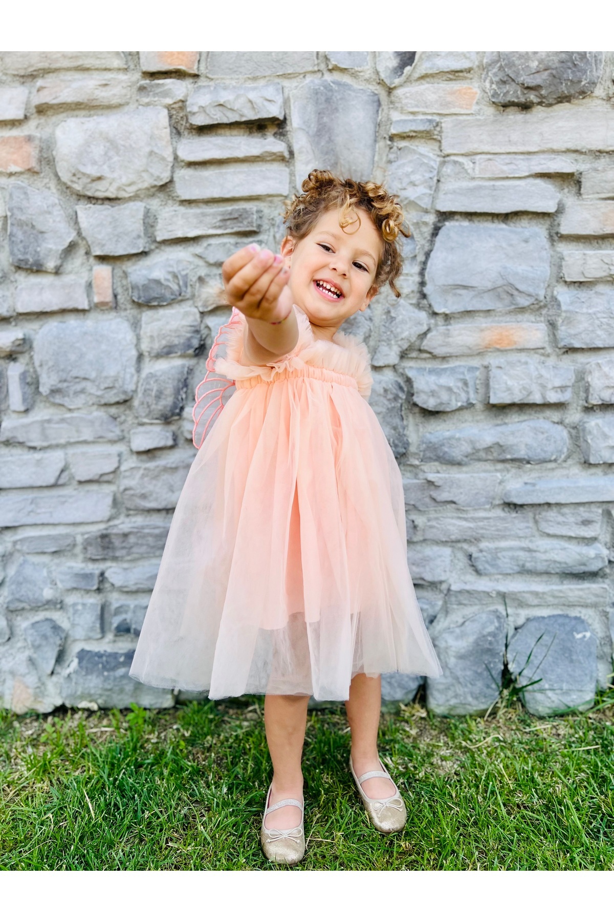 penu baby kids Somon Askılı Tül Jile Arkası Kelebek Kanatlı Kız Çocuk Kız Bebek Elbise fotoğrafı 2 (önizleme)