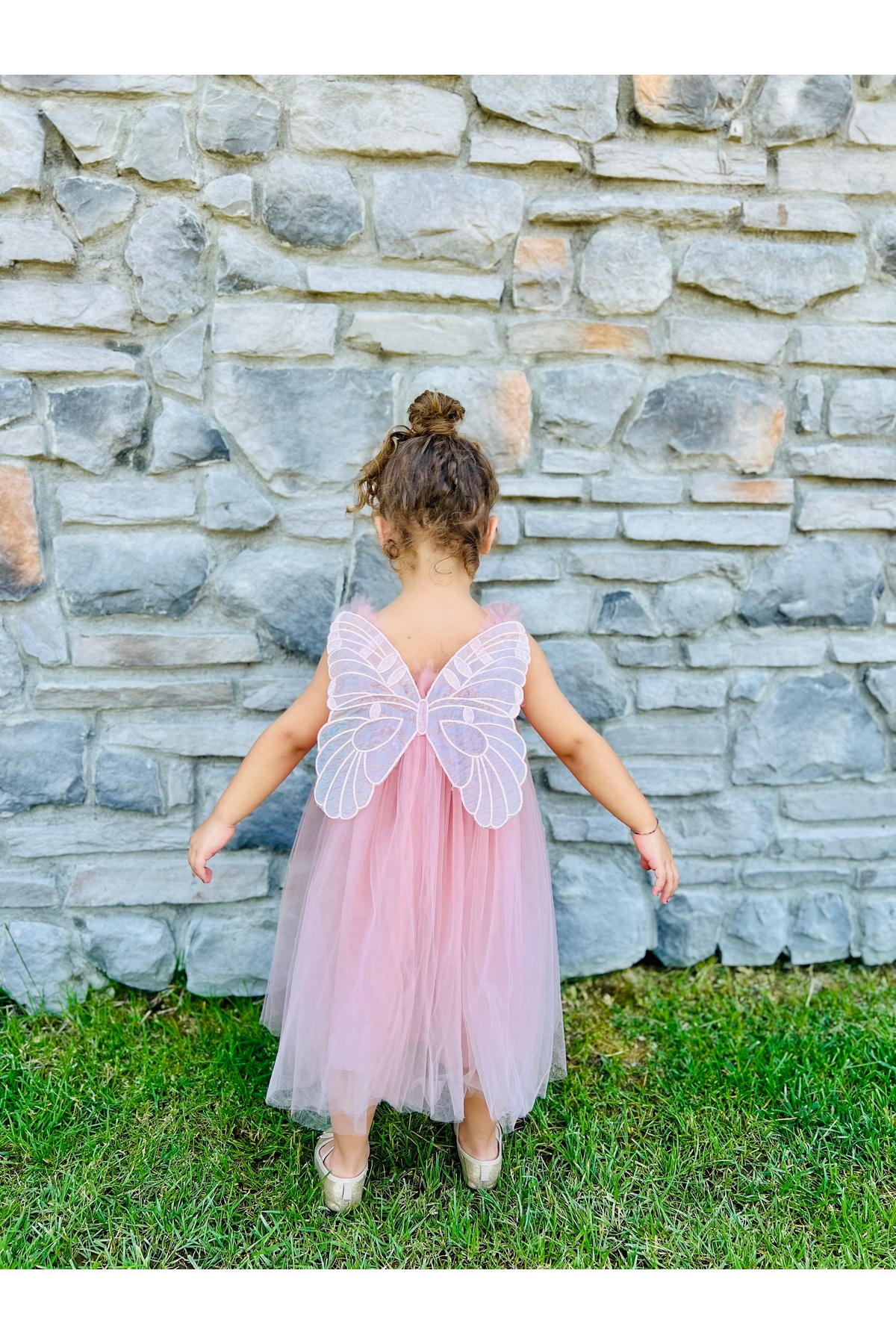 penu baby kids Pudra Askılı Tül Jile Arkası Kelebek Kanatlı Kız Çocuk Kız Bebek Elbise fotoğrafı 2 (önizleme)