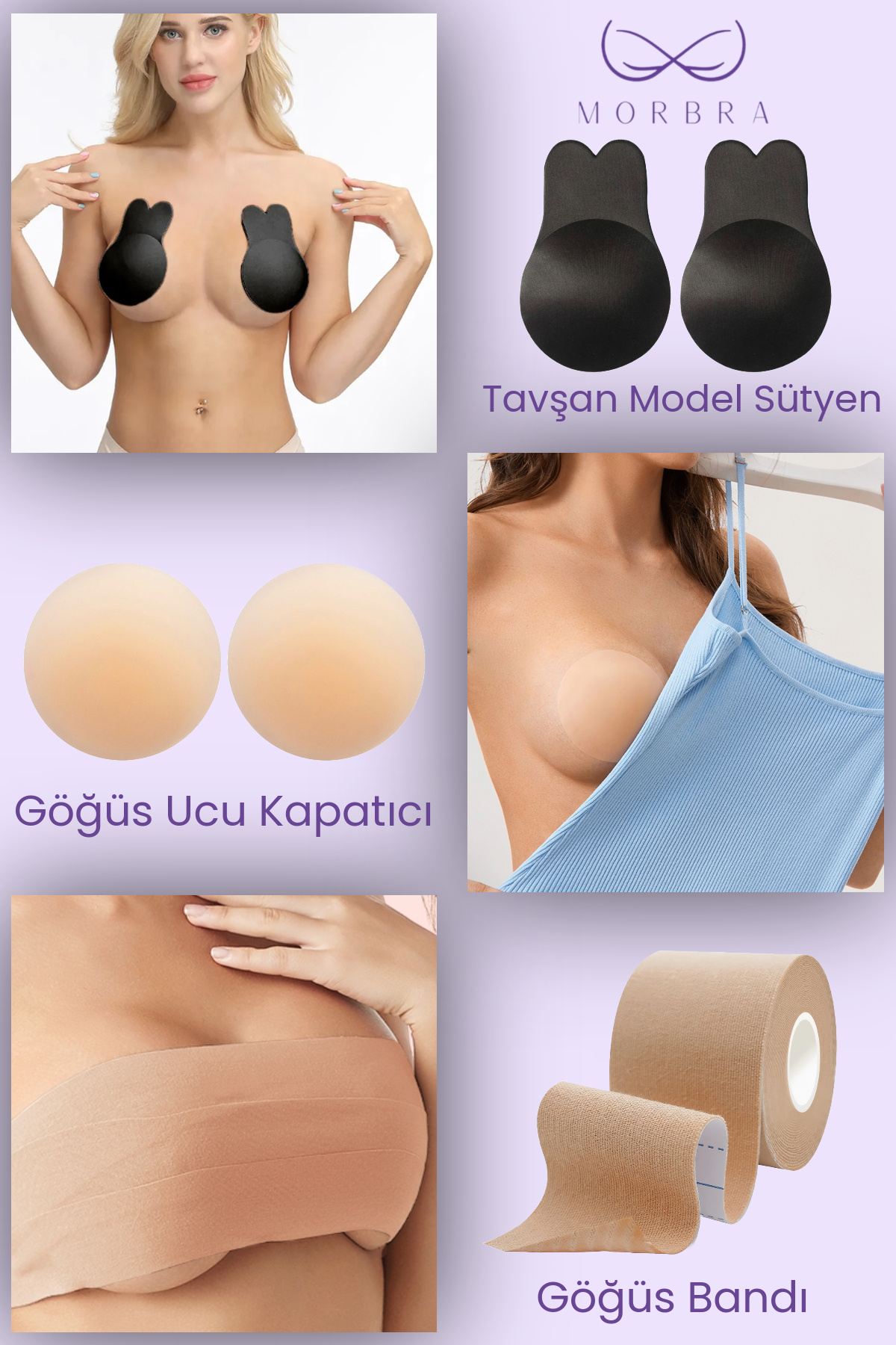 Morbra Sticky İnvisible Underwear Solutions 3'lü Set | Silikon Yapışkanlı Tavşan Sütyen , Göğüs Ucu Kapatıcı Nipple Pad ,Göğüs Dikleştirici Bant