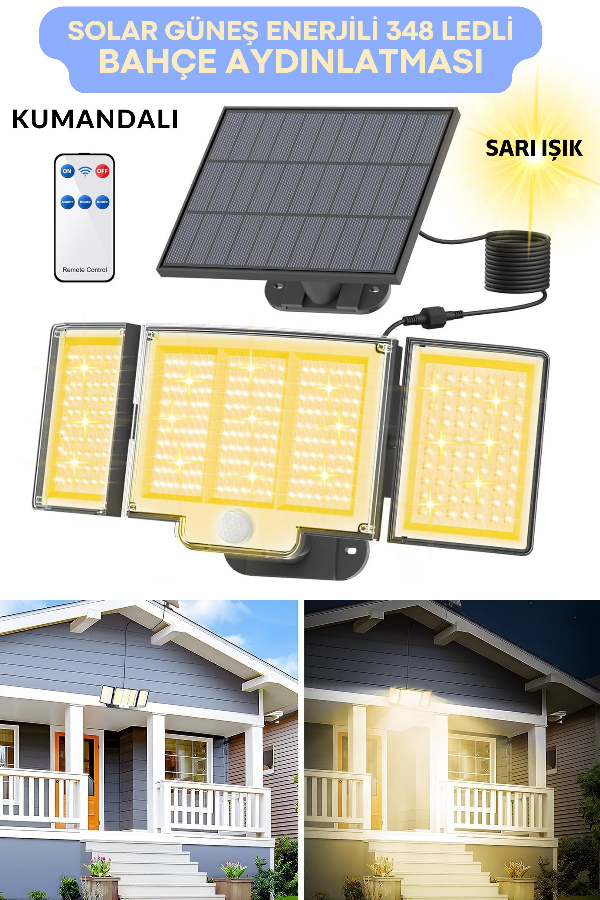 TechnoSmart Geniş Açılı Solar Projektör Bahçe Aydınlatma – 348 LED, Kumanda Kontrollü, Sarı Işık