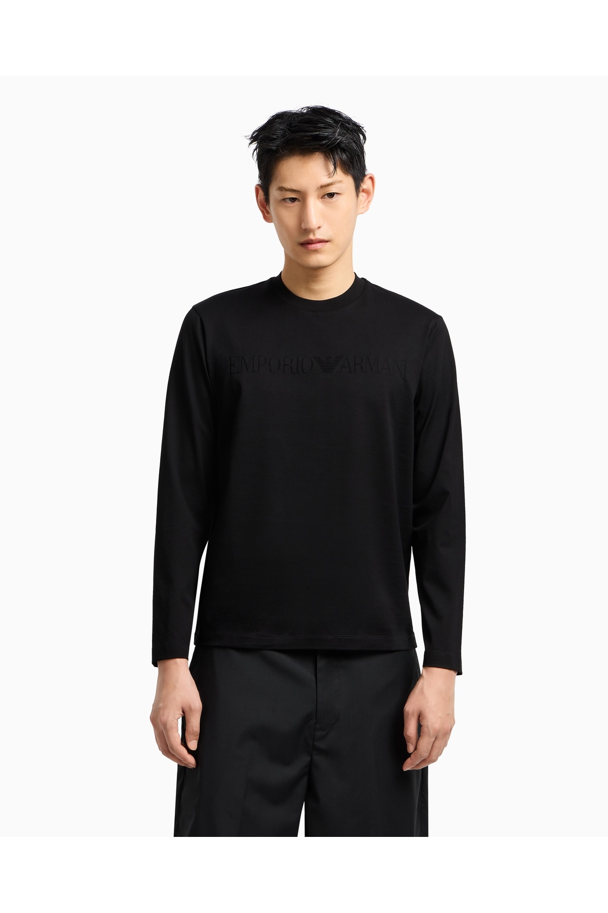 امپوریو آرمانی سویشرت مردانه از جنس پنبه خالص با لوگوی برجسته، یقه گرد، آستین بلند، سایز معمولی، مشکی 8N1T