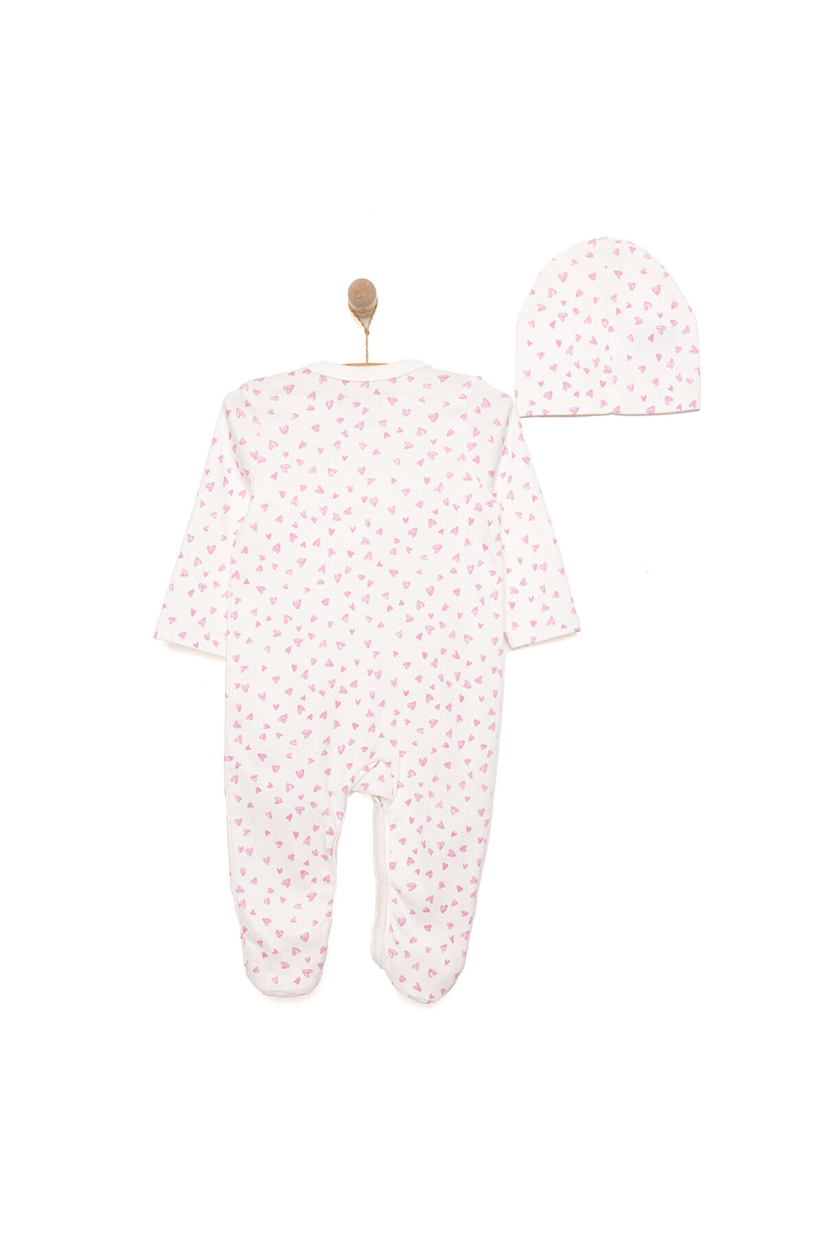 ebebek Hello Baby HelloBaby Yenidoğan Kız Bebek Tulum-Bere 2li Takım İnterlok Kalp Desenli Patikli Paça Ekru fotoğrafı 2 (önizleme)