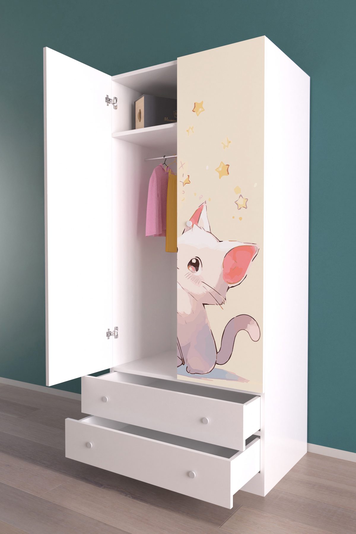 hediye kapında Cosmic Kitty Gardırop 5 Raflı 2 Çekmeceli 2 Kapaklı Askılı Elbise Dolabı-Beyaz fotoğrafı 2 (önizleme)