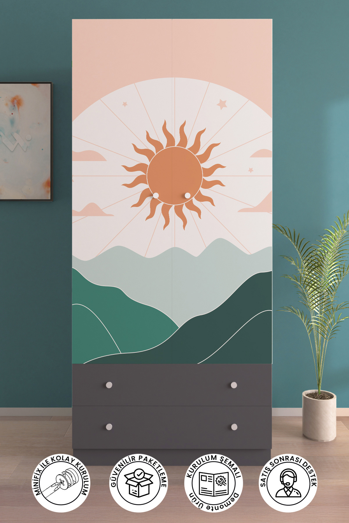 hediye kapında Daylight Gardırop 5 Raflı 2 Çekmeceli 2 Kapaklı Askılı Elbise Dolabı-Antrasit