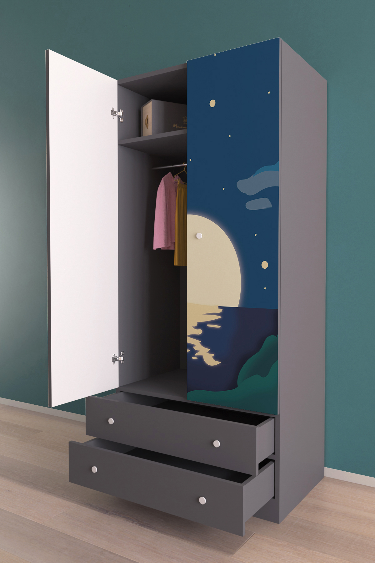 hediye kapında Full Moon Gardırop 5 Raflı 2 Çekmeceli 2 Kapaklı Askılı Elbise Dolabı-Antrasit fotoğrafı 2 (önizleme)