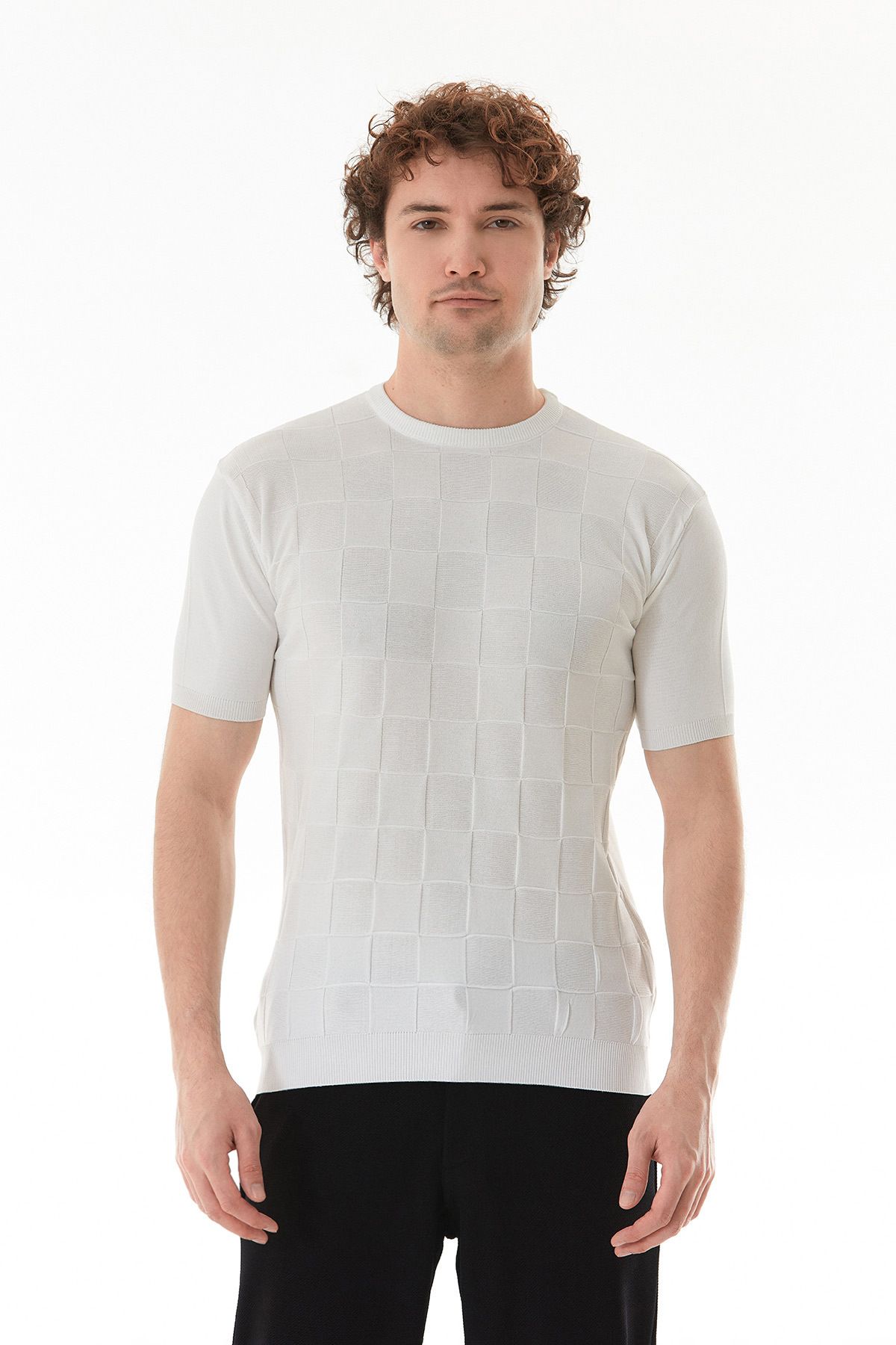 Fulla Moda-Checkerboard Patterned Knitwear T-Shirt 3