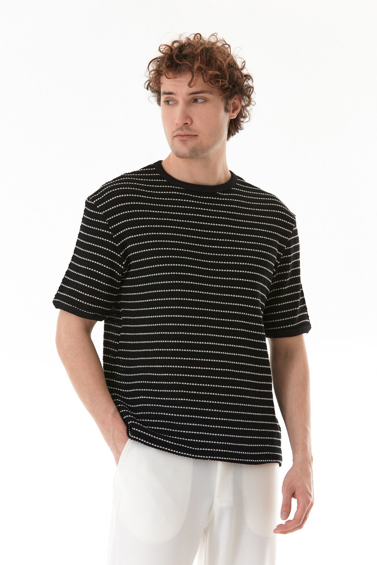 Fulla Moda-Πλεκτό μπλουζάκι με ριγέ Crew Neck 4