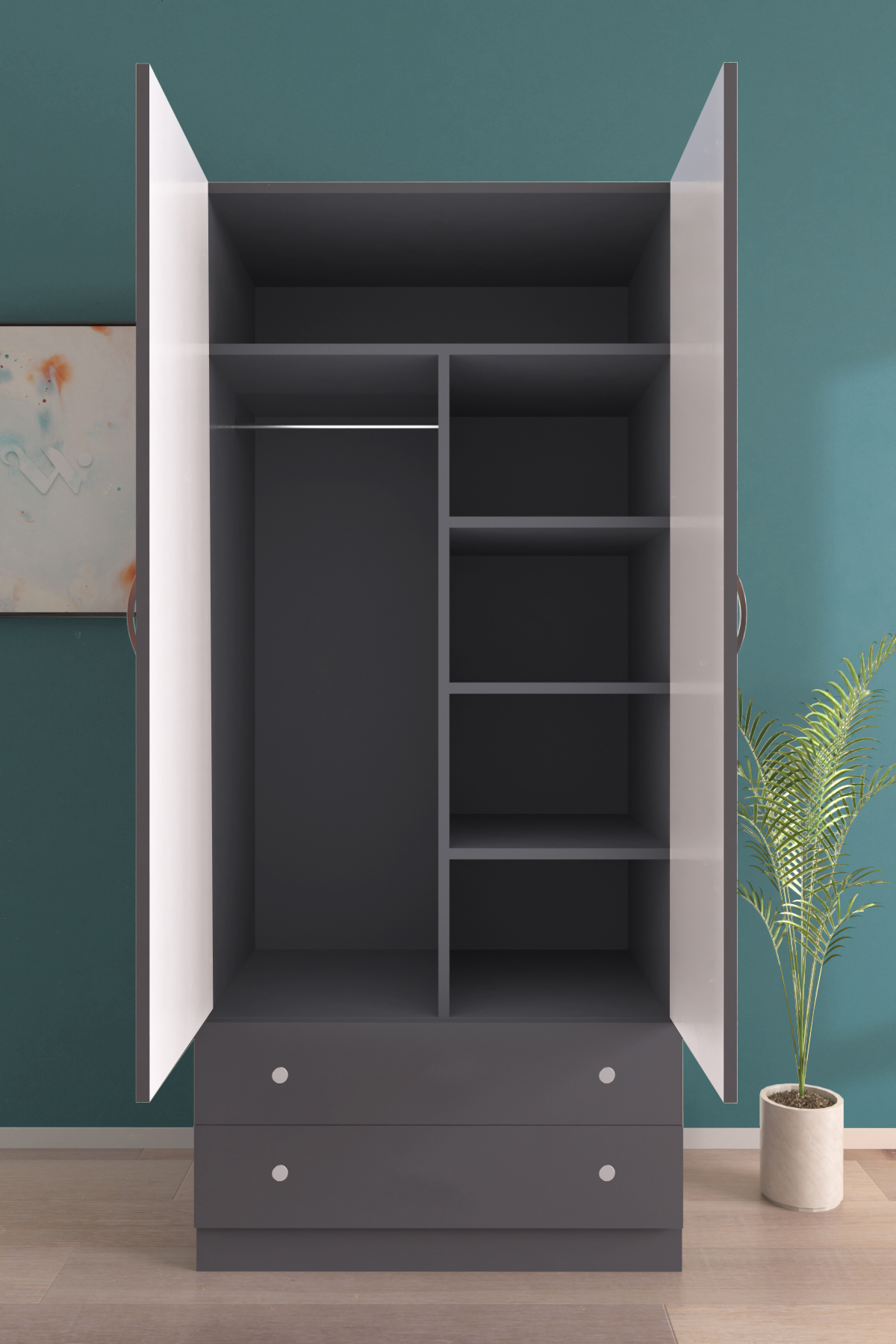 hediye kapında Full Moon Gardırop 5 Raflı 2 Çekmeceli 2 Kapaklı Askılı Elbise Dolabı-Antrasit fotoğrafı 4 (önizleme)