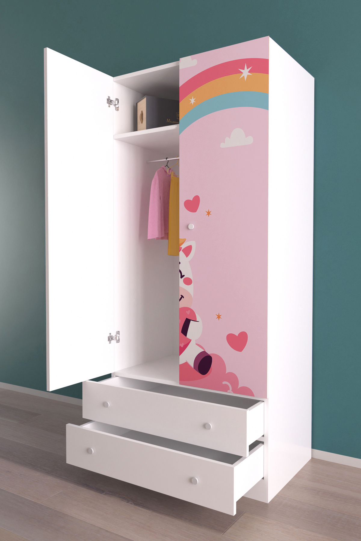 hediye kapında Unicorn Dreams Gardırop 5 Raflı 2 Çekmeceli 2 Kapaklı Askılı Elbise Dolabı-Beyaz fotoğrafı 2 (önizleme)