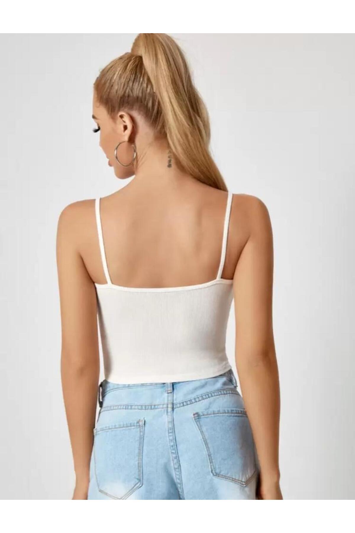 Lorya Giyim  Kadın 3'lü Paket İNCE ASKILI Fitilli Crop Basıc ATLET bluz - Görsel 8