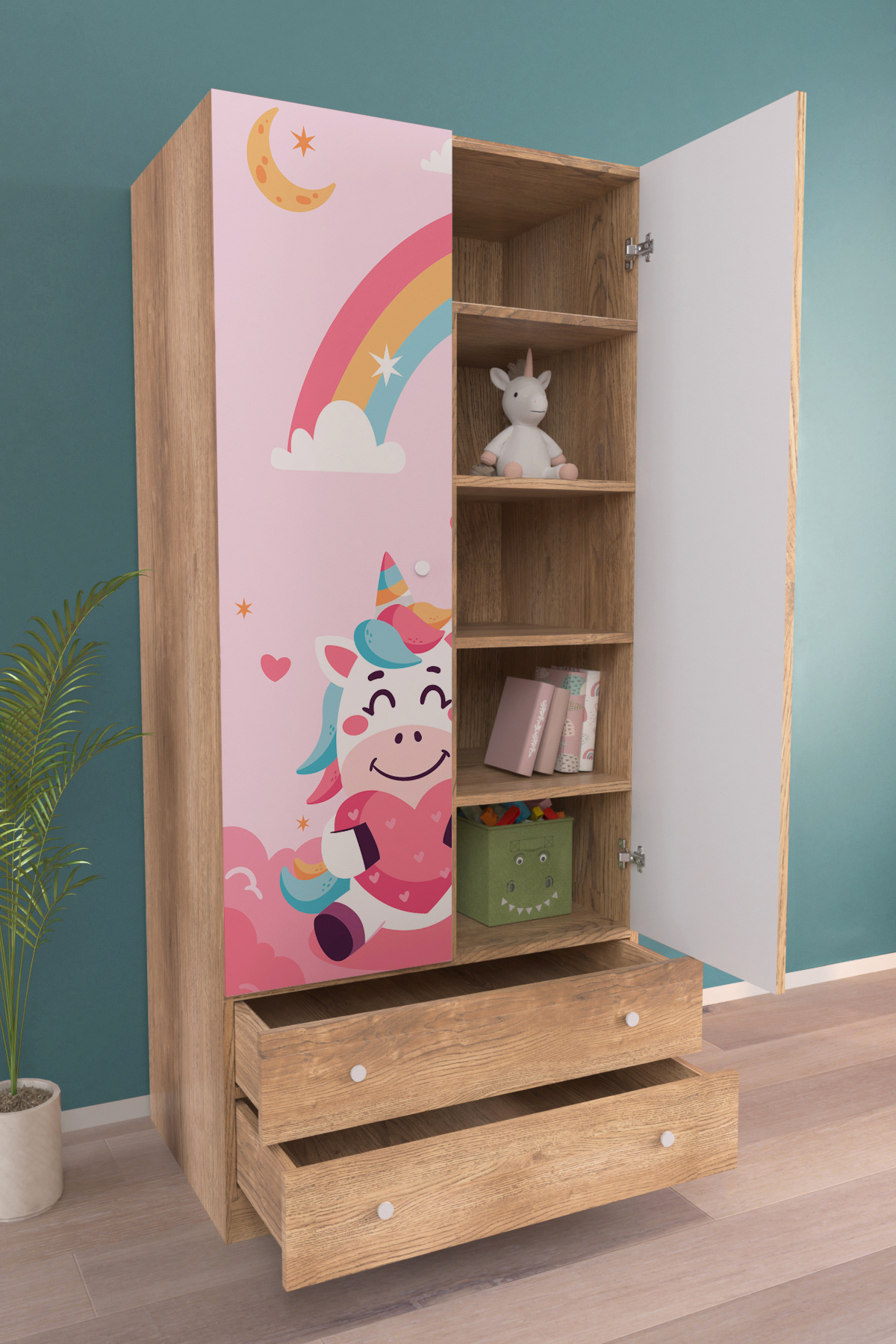 hediye kapında Unicorn Dreams Gardırop 5 Raflı 2 Çekmeceli 2 Kapaklı Askılı Elbise Dolabı-Ahşap fotoğrafı 3 (önizleme)