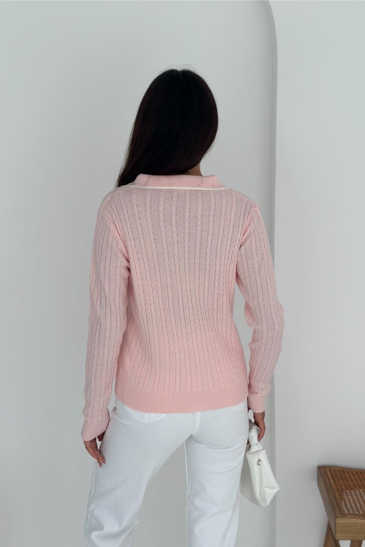 FEMELLE-Women's Pink Polo Neck Standard Size Knitwear Blouse 6